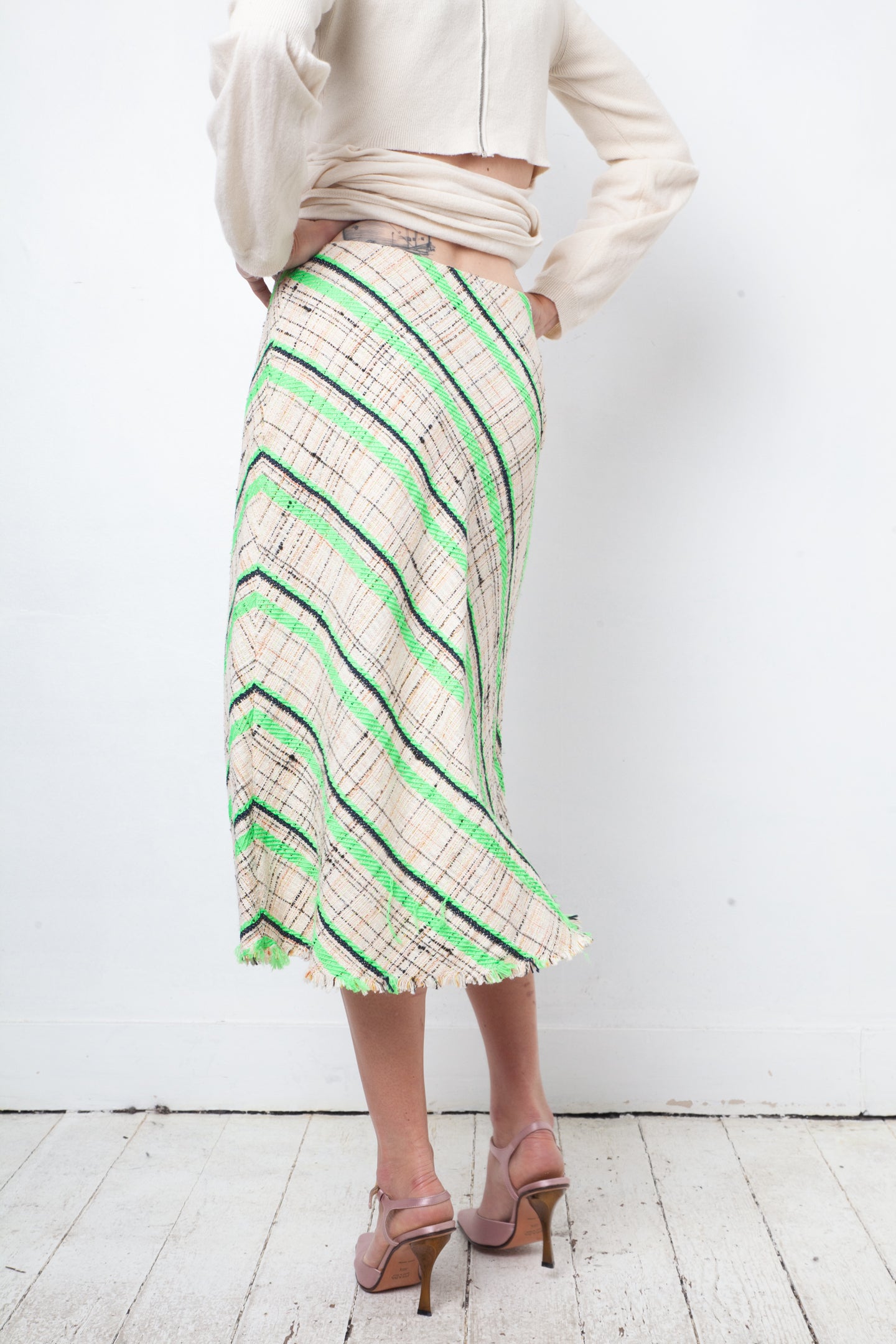 Margiela Spring 2017 cotton knit beige and fluorescent green midi skirt