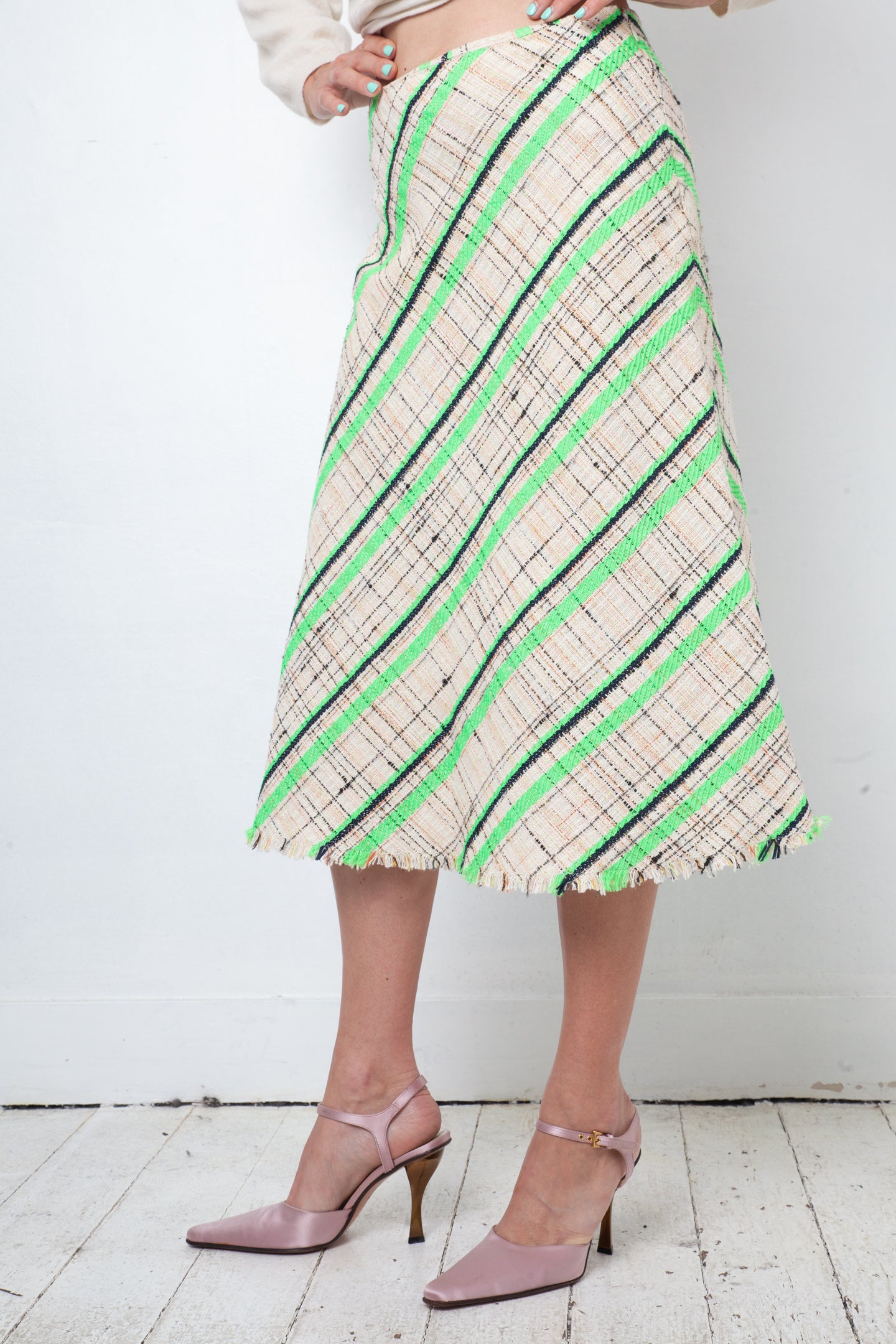 Margiela Spring 2017 cotton knit beige and fluorescent green midi skirt
