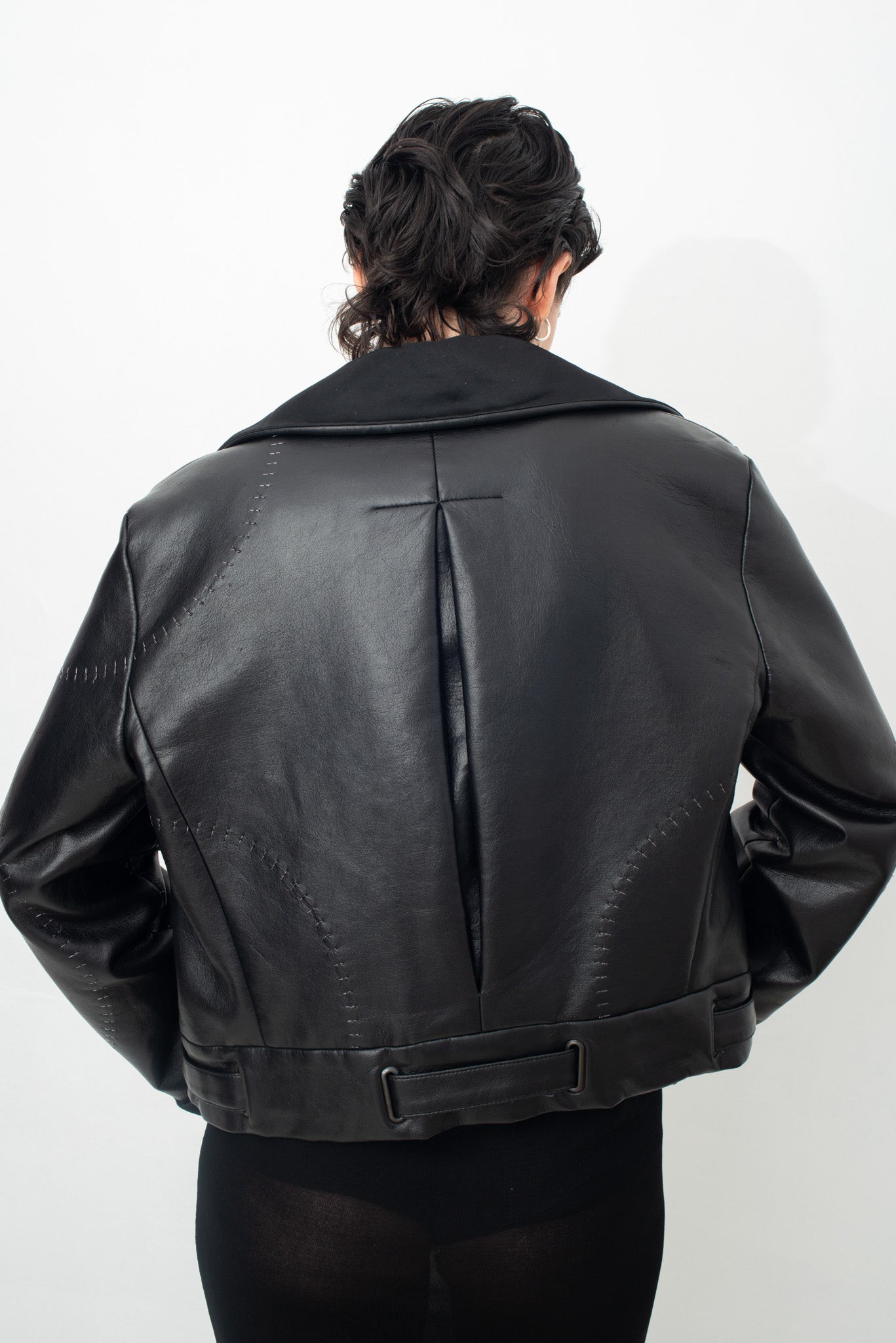 Emporio Armani 90's leather jacket with silver stitches, silk collar and integrated belt