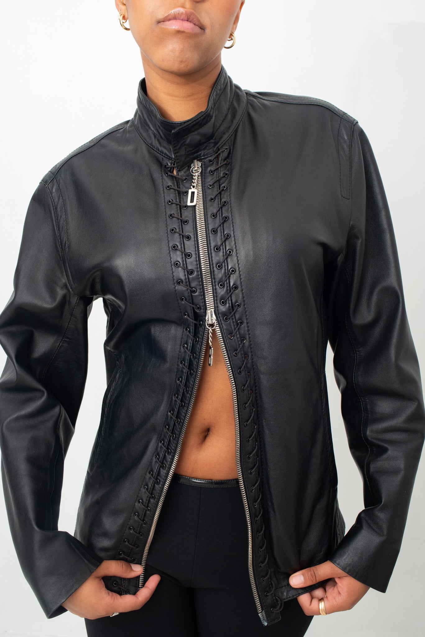 Dirk Bikkembergs 2000's leather jacket with lace zipper detail