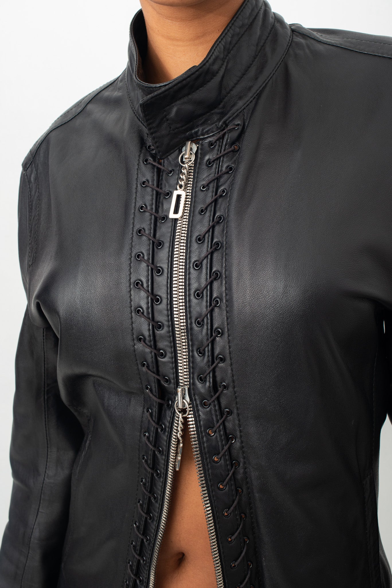 Dirk Bikkembergs 2000's leather jacket with lace zipper detail