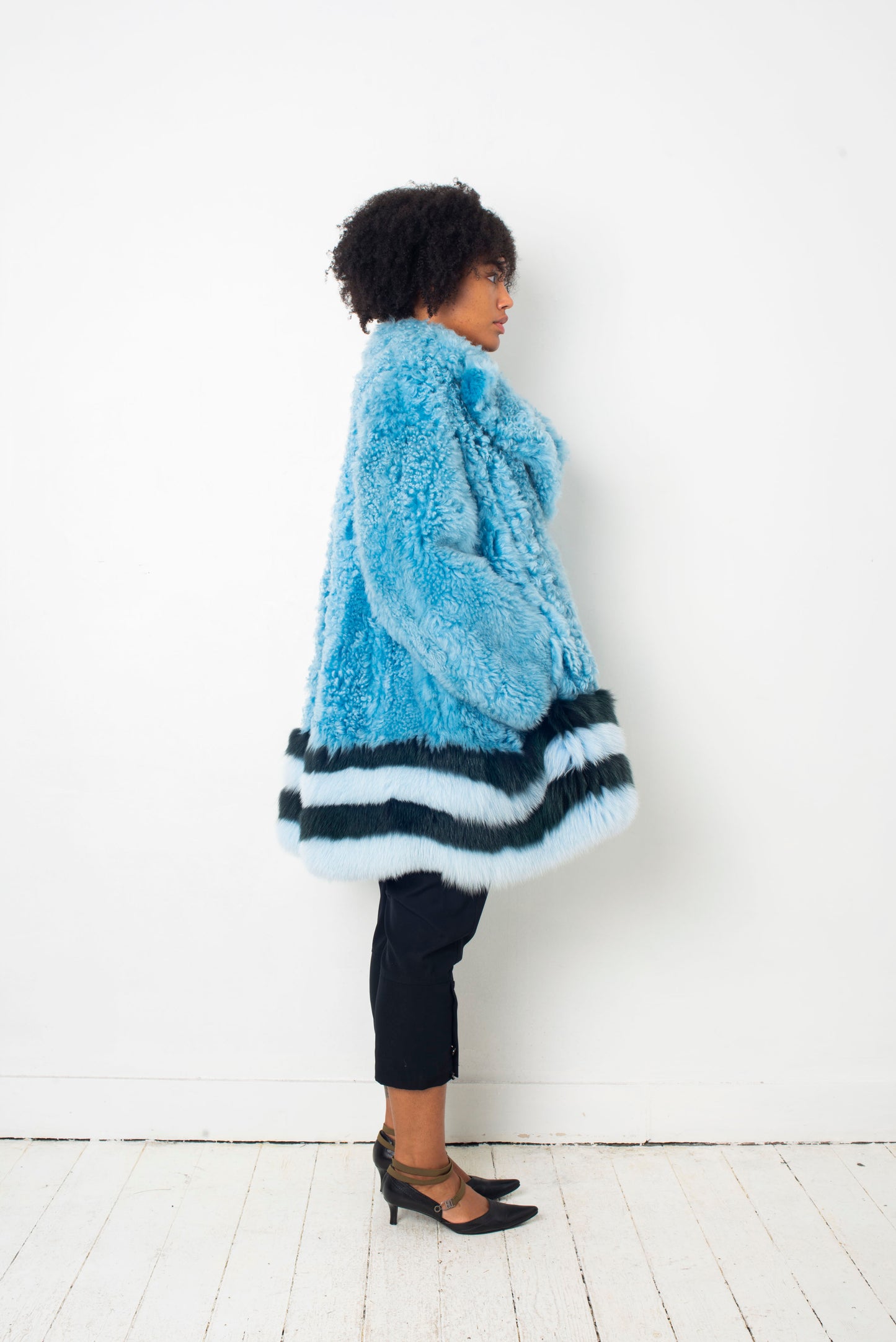 Fendi FW 2016 blue fur shearling coat with striped fox fur trims