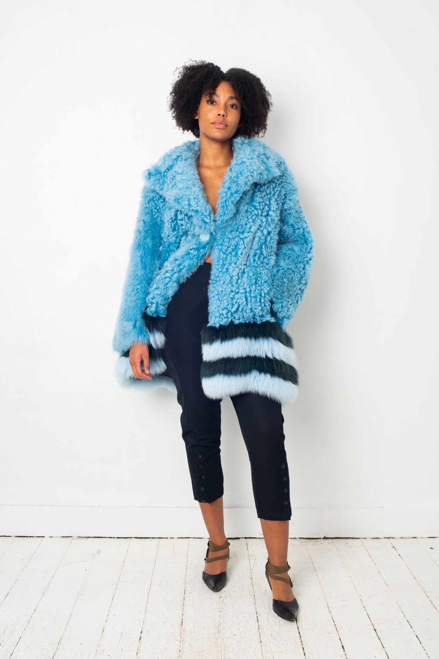 Fendi FW 2016 blue fur shearling coat with striped fox fur trims