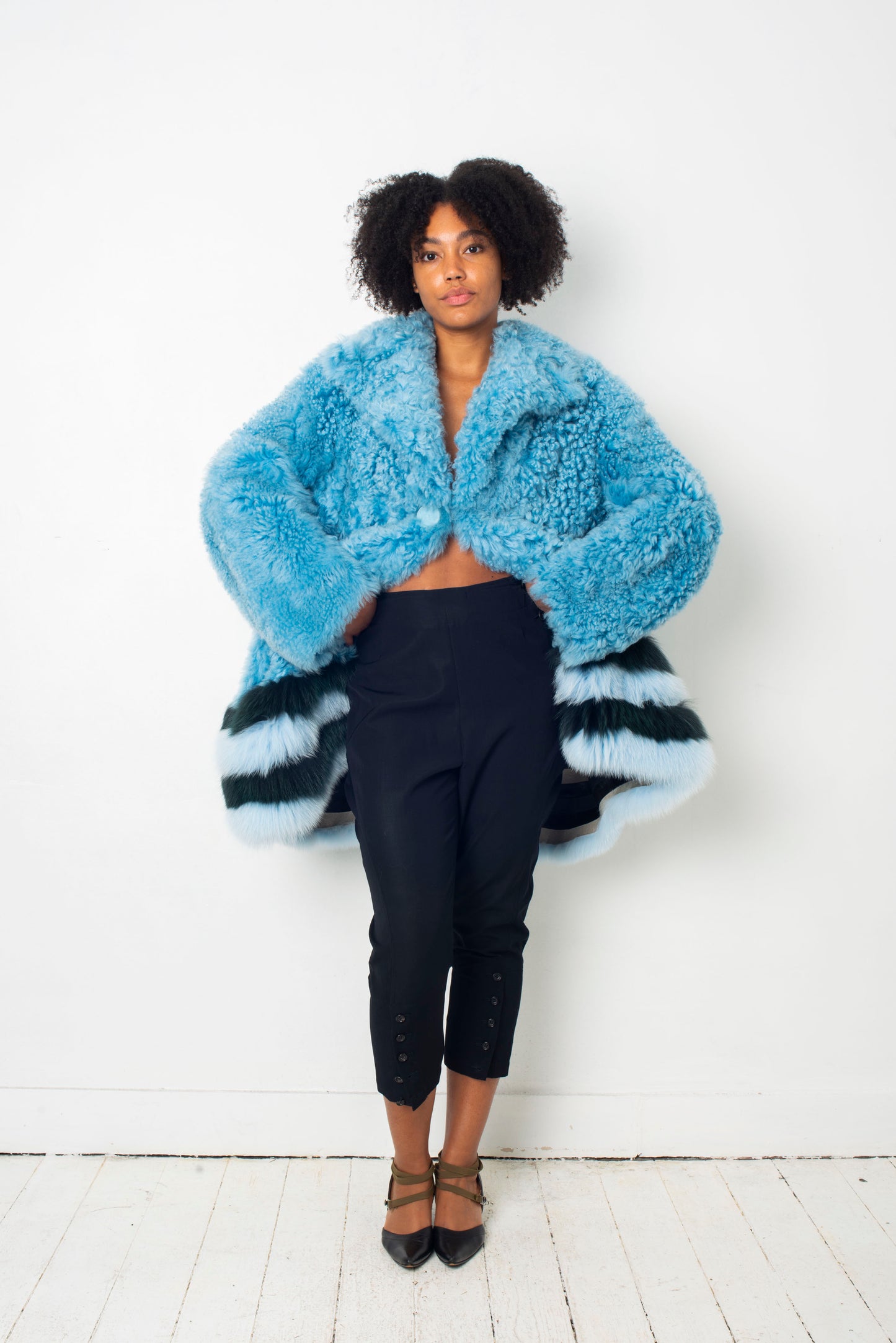 Fendi FW 2016 blue fur shearling coat with striped fox fur trims