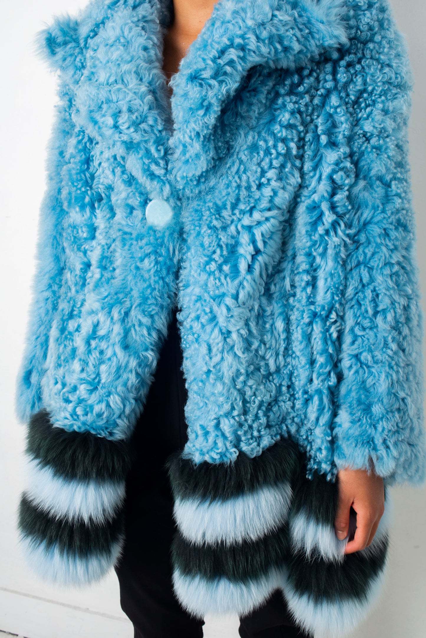 Fendi FW 2016 blue fur shearling coat with striped fox fur trims