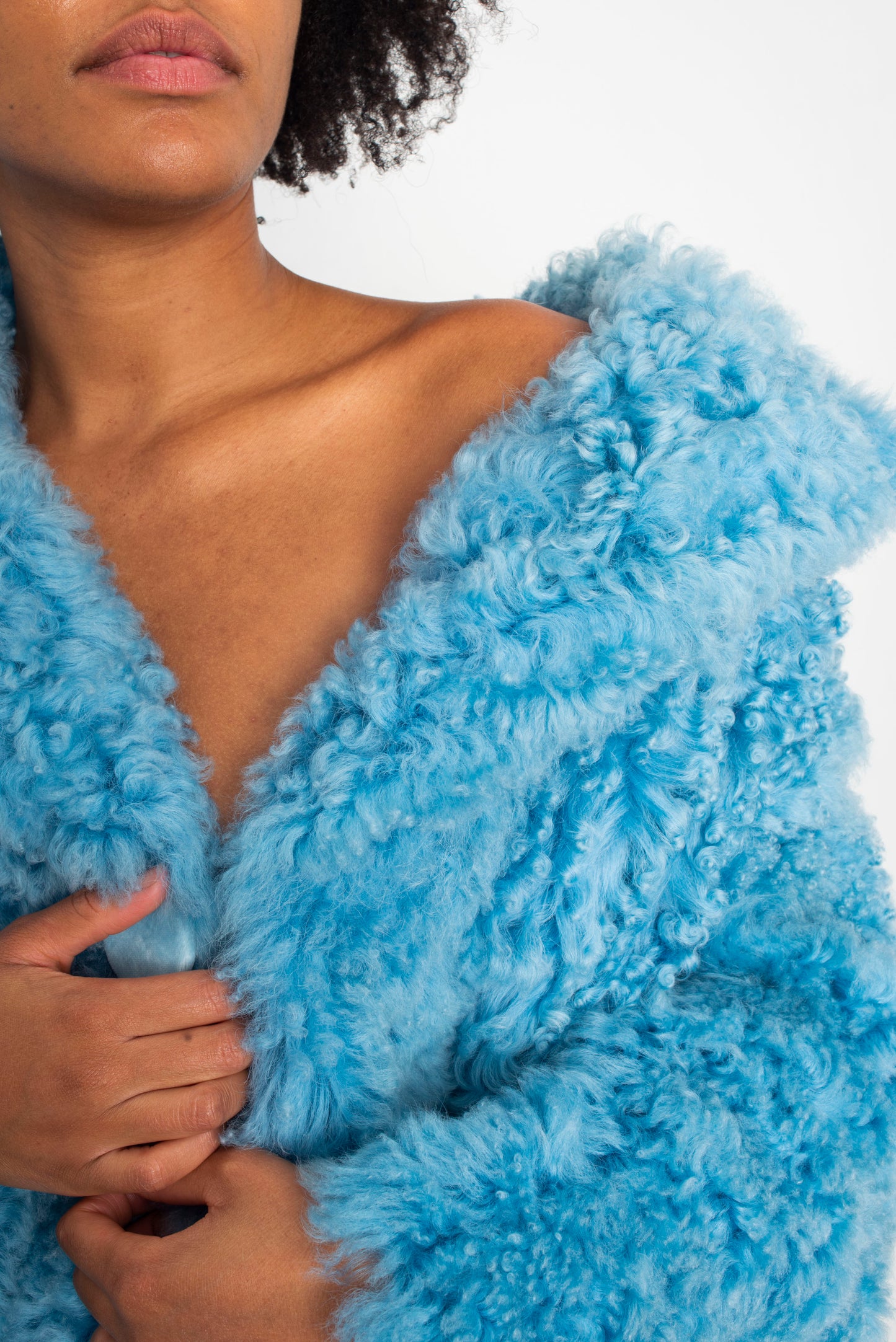 Fendi FW 2016 blue fur shearling coat with striped fox fur trims