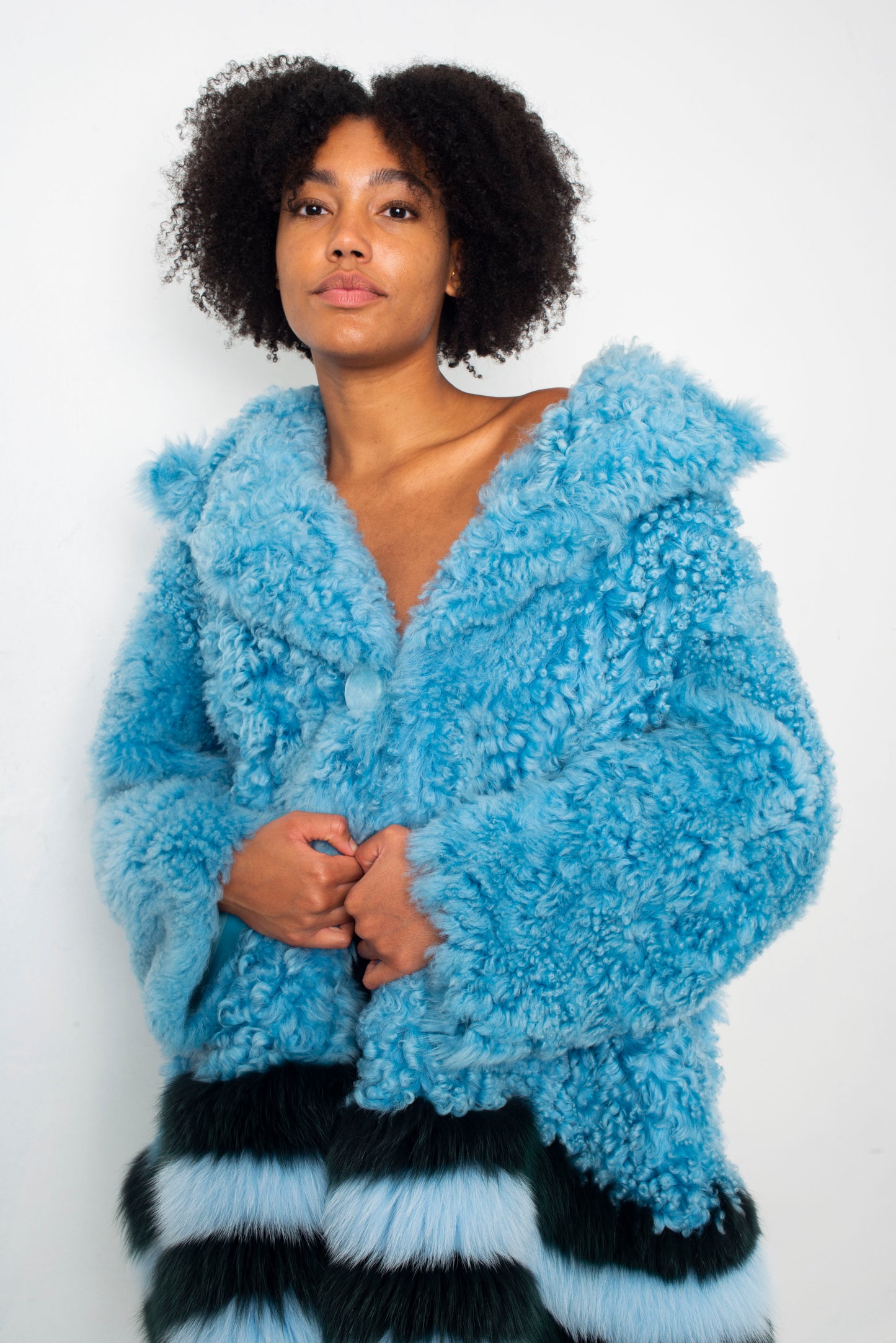 Fendi FW 2016 blue fur shearling coat with striped fox fur trims