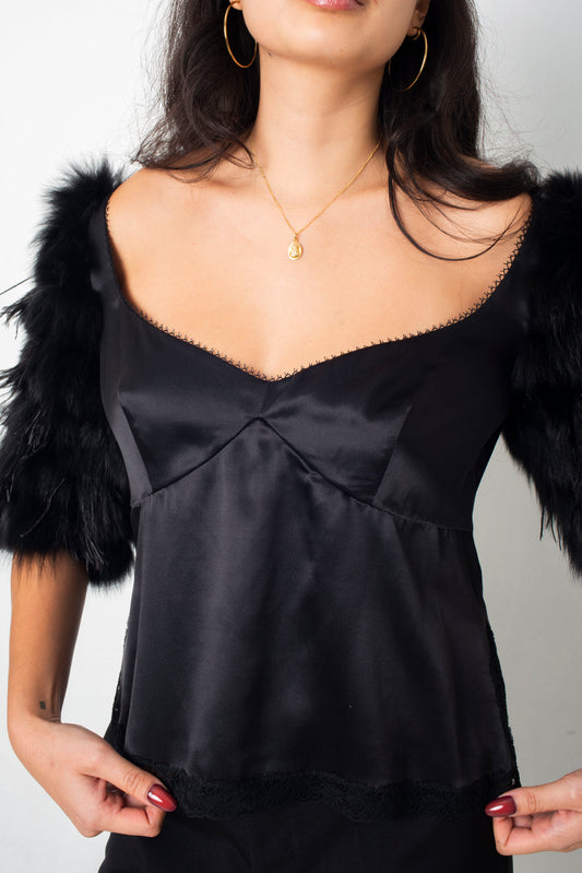 Emporio Armani FW 2004  black silk top with fur and feather sleeves