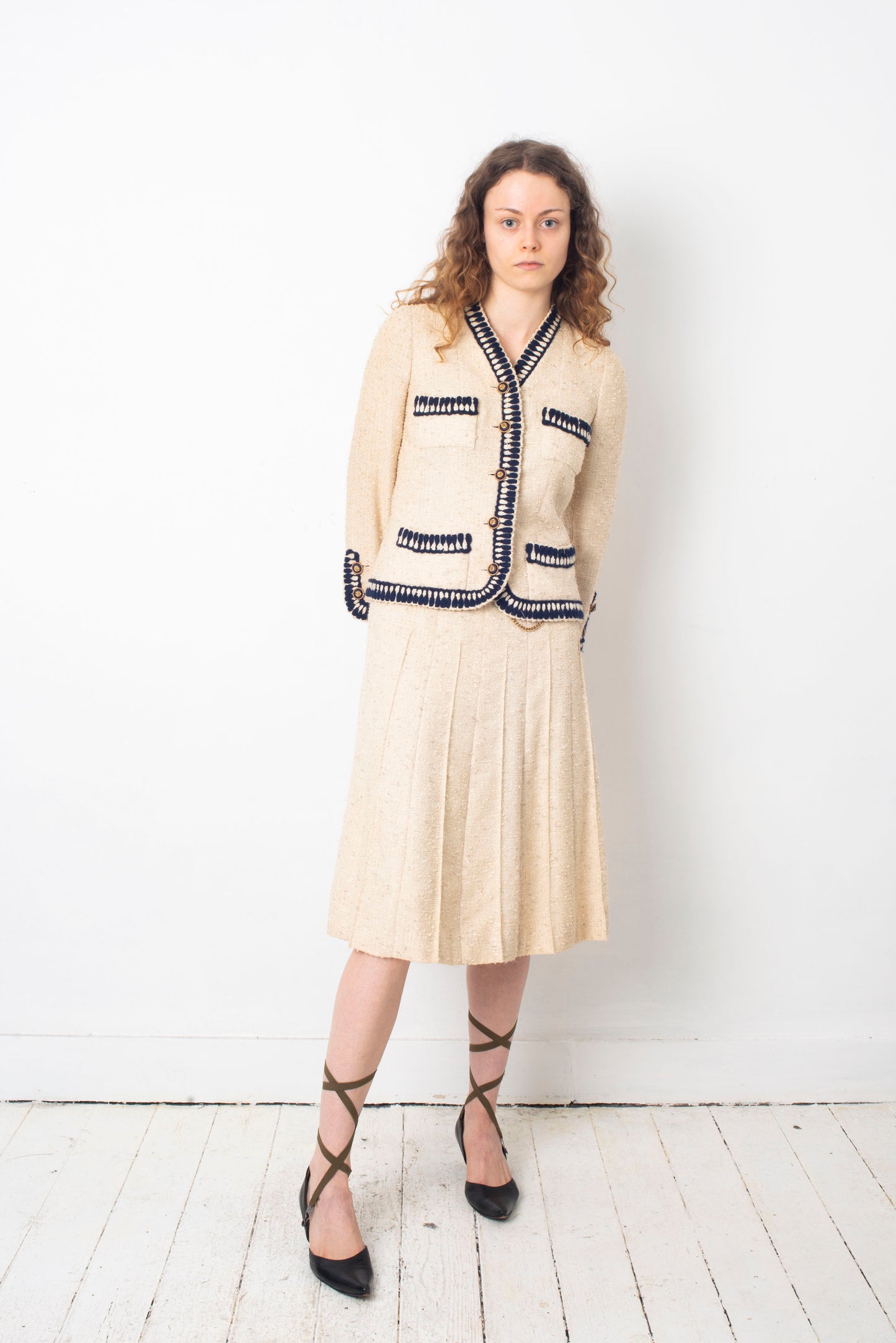Chanel 1970's Haute Couture cream and navy skirt suit
