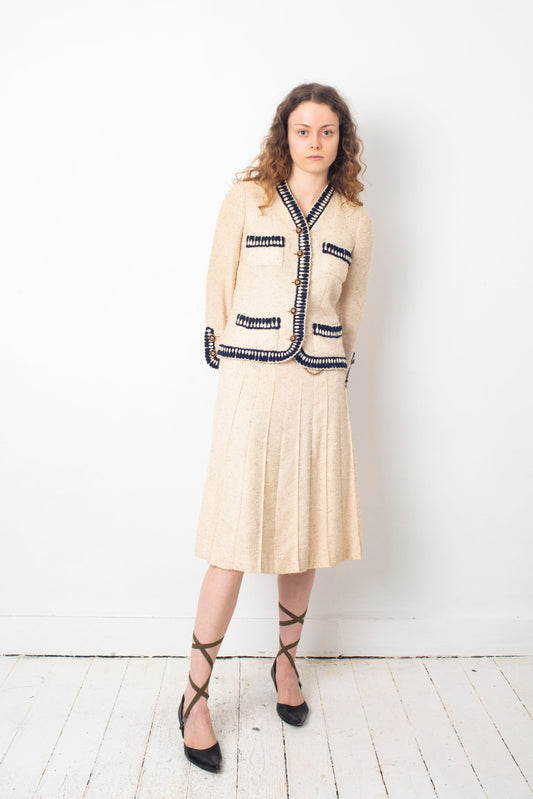 Chanel 1970's Haute Couture cream and navy skirt suit