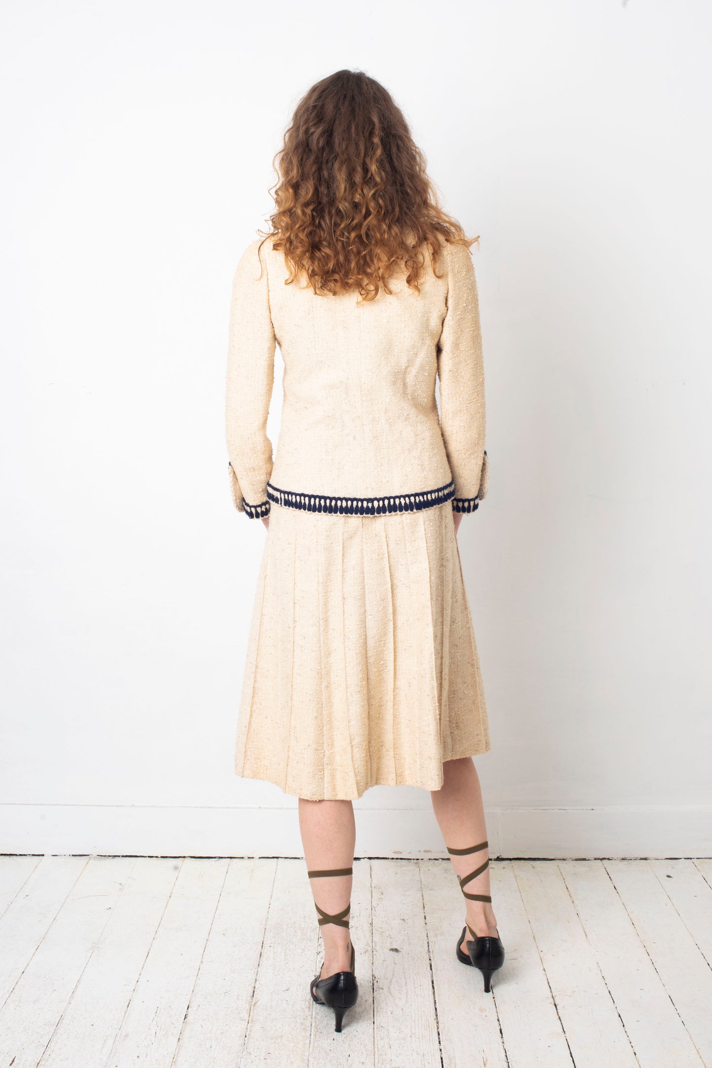 Chanel 1970's Haute Couture cream and navy skirt suit