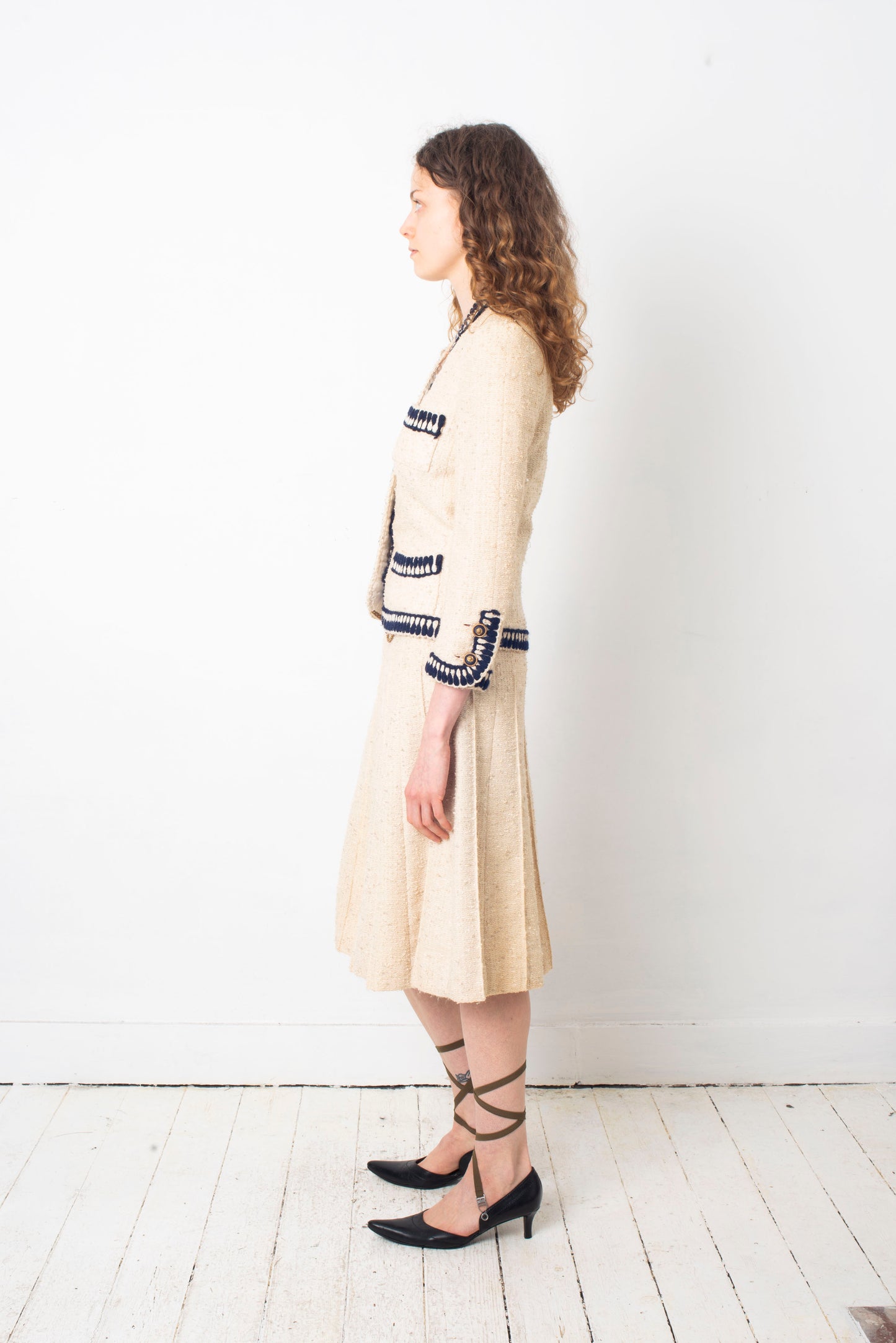 Chanel 1970's Haute Couture cream and navy skirt suit