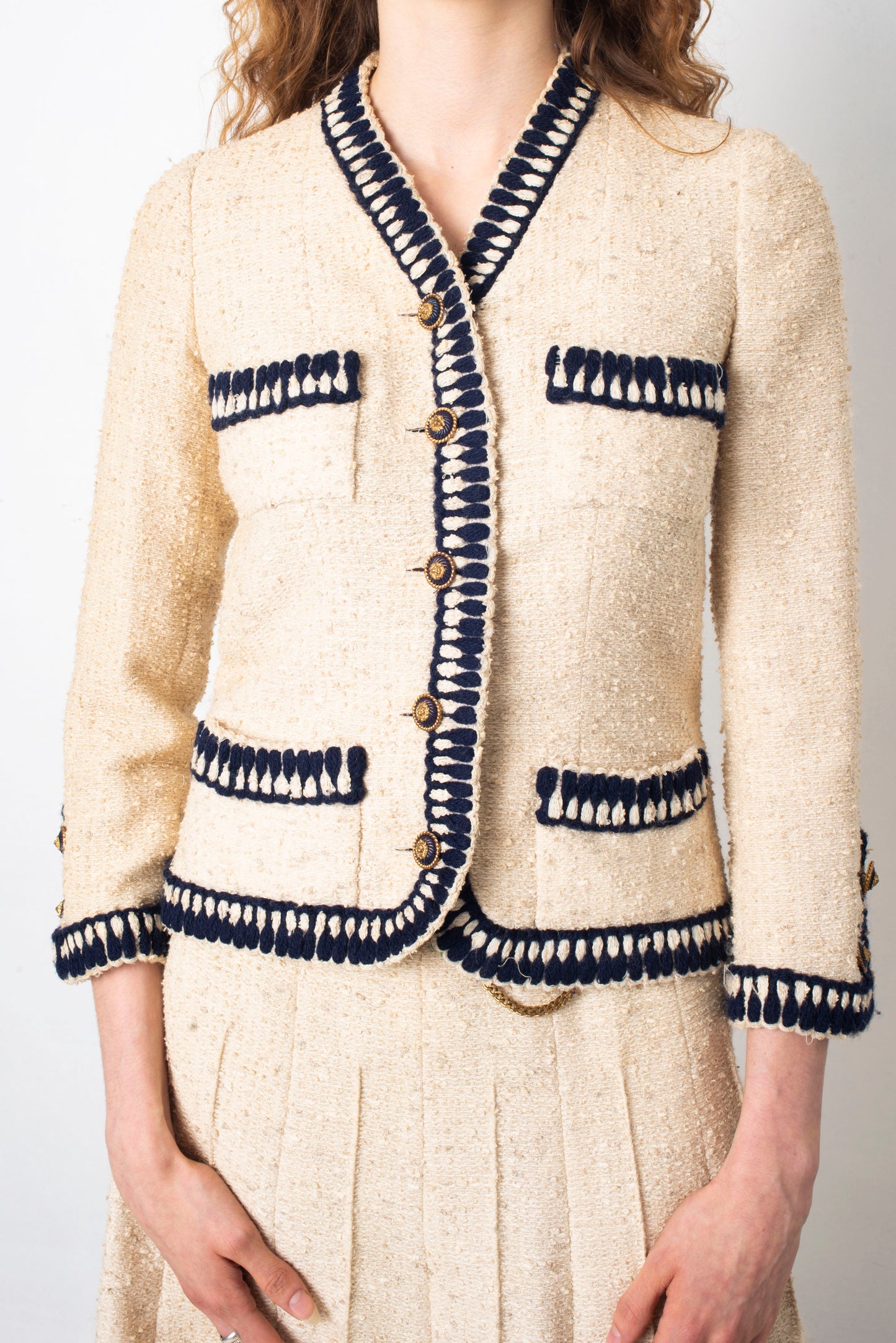 Chanel 1970's Haute Couture cream and navy skirt suit