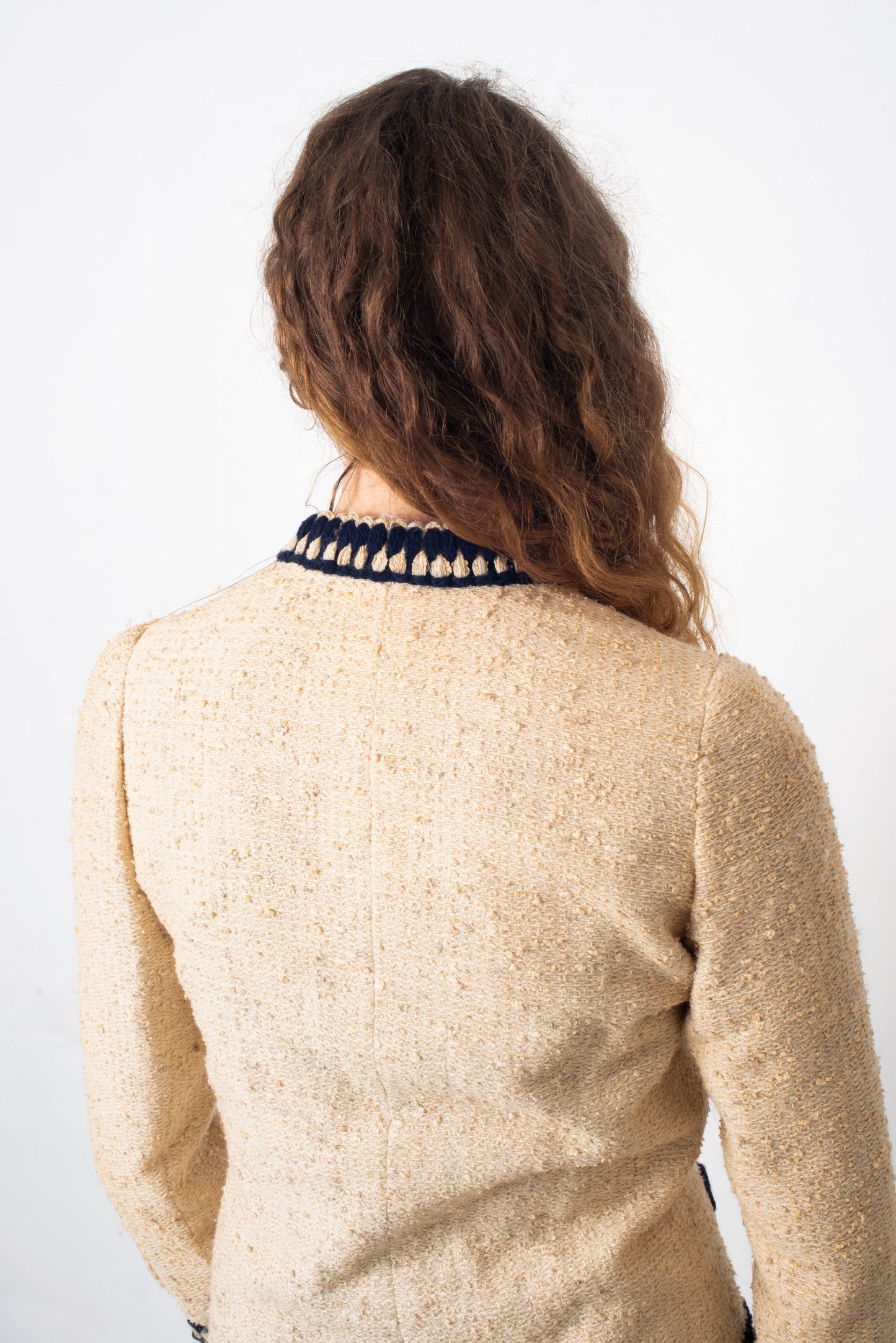Chanel 1970's Haute Couture cream and navy skirt suit