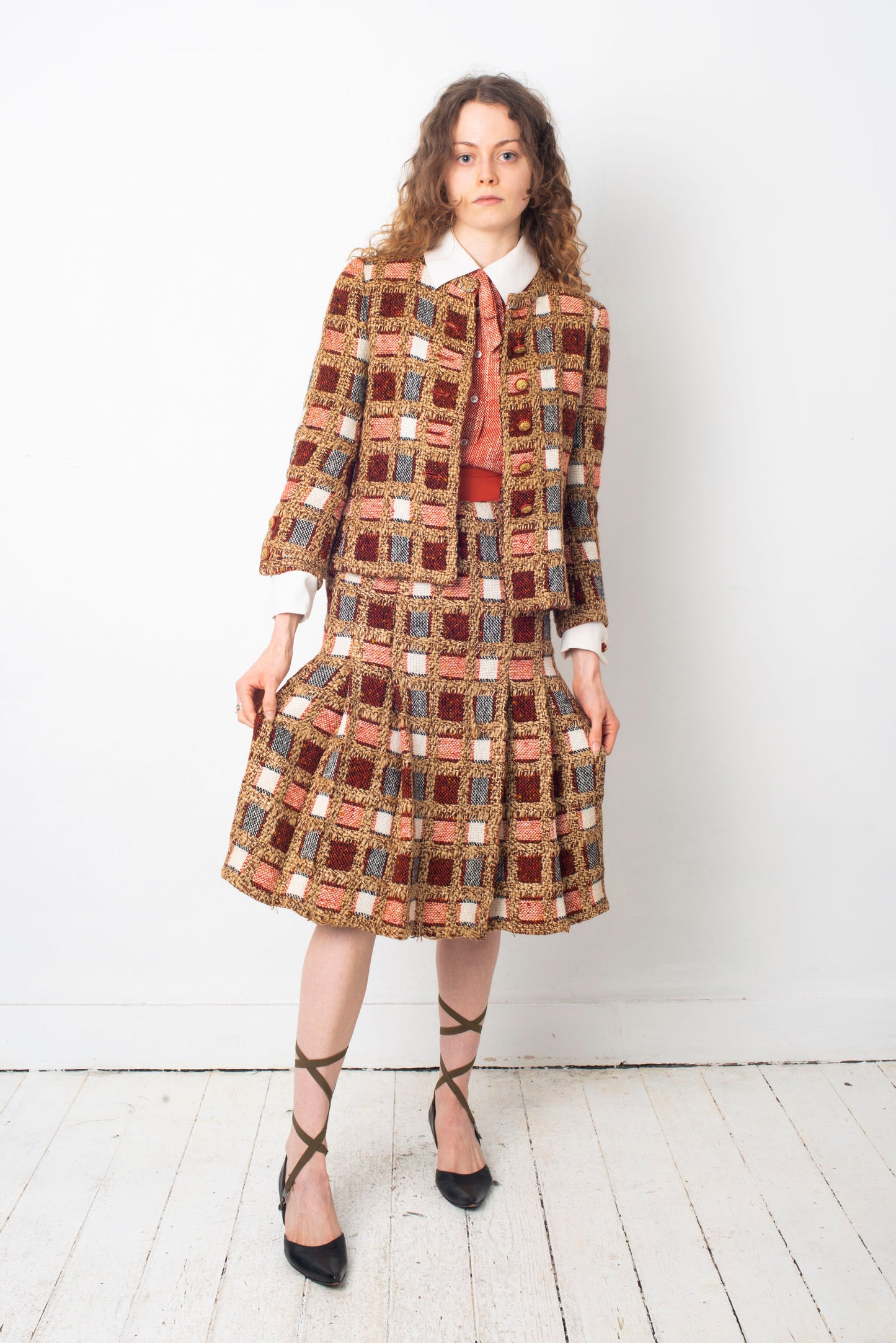 Chanel haute couture 1970's red tweed three piece skirt set