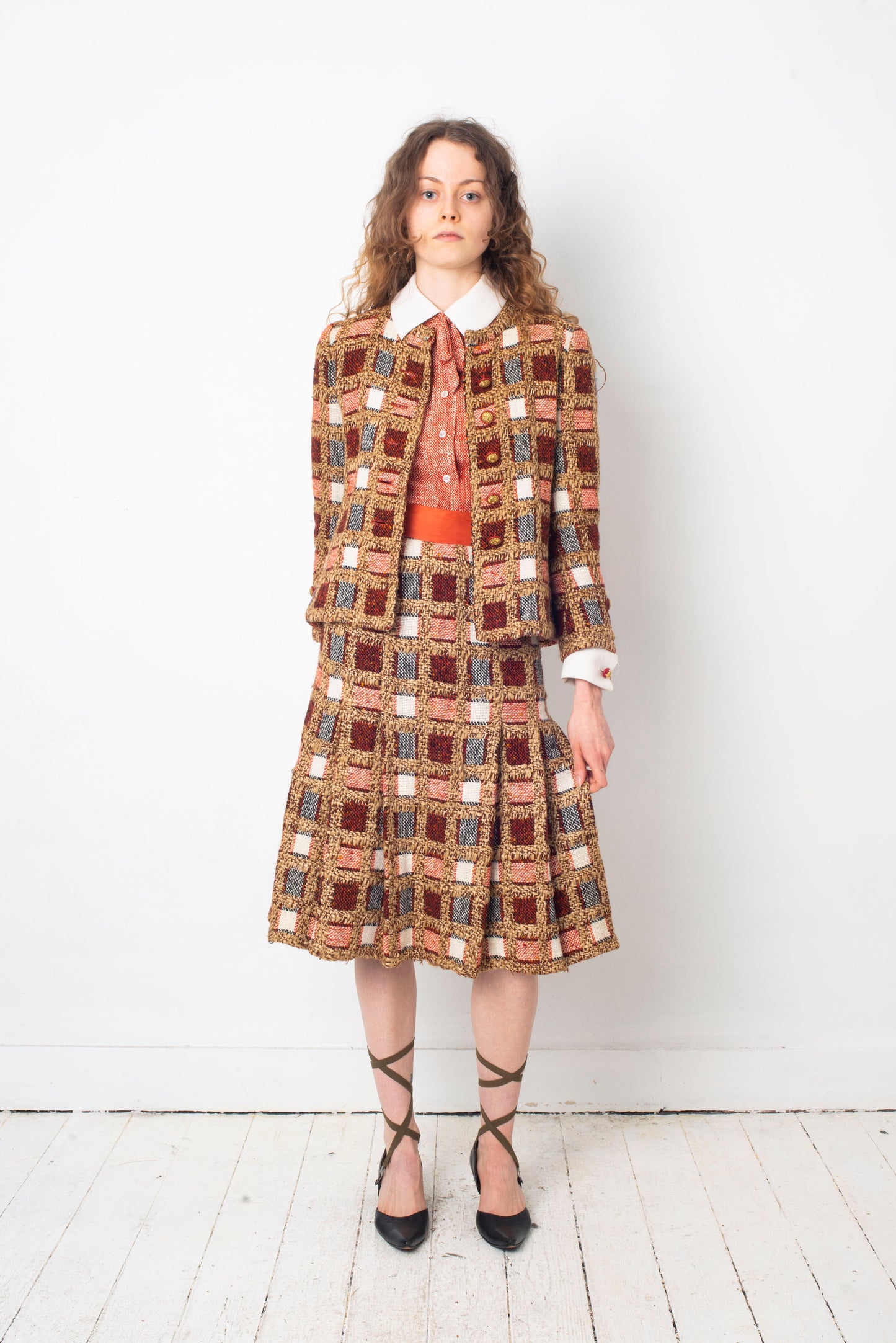 Chanel haute couture 1970's red tweed three piece skirt set