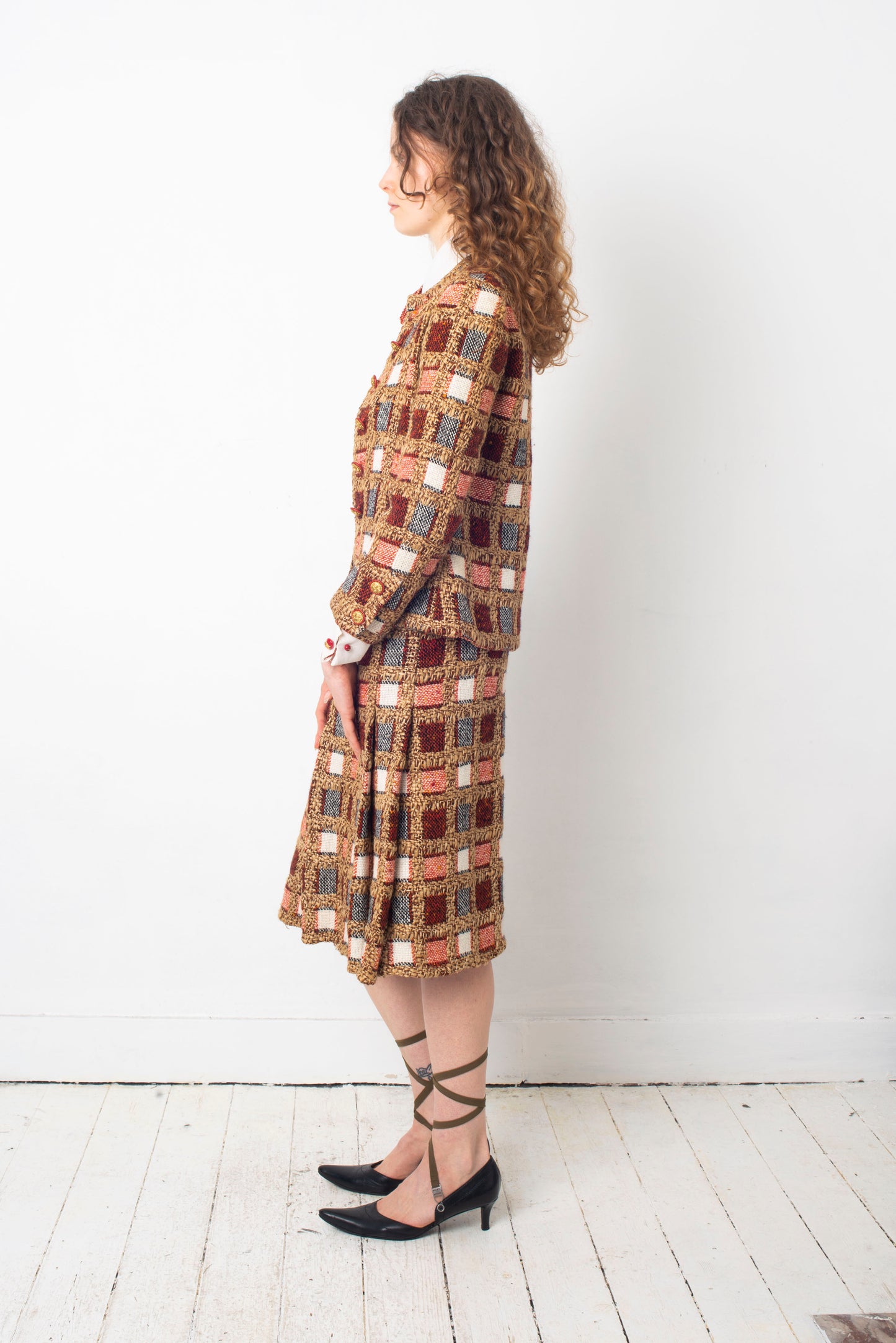 Chanel haute couture 1970's red tweed three piece skirt set