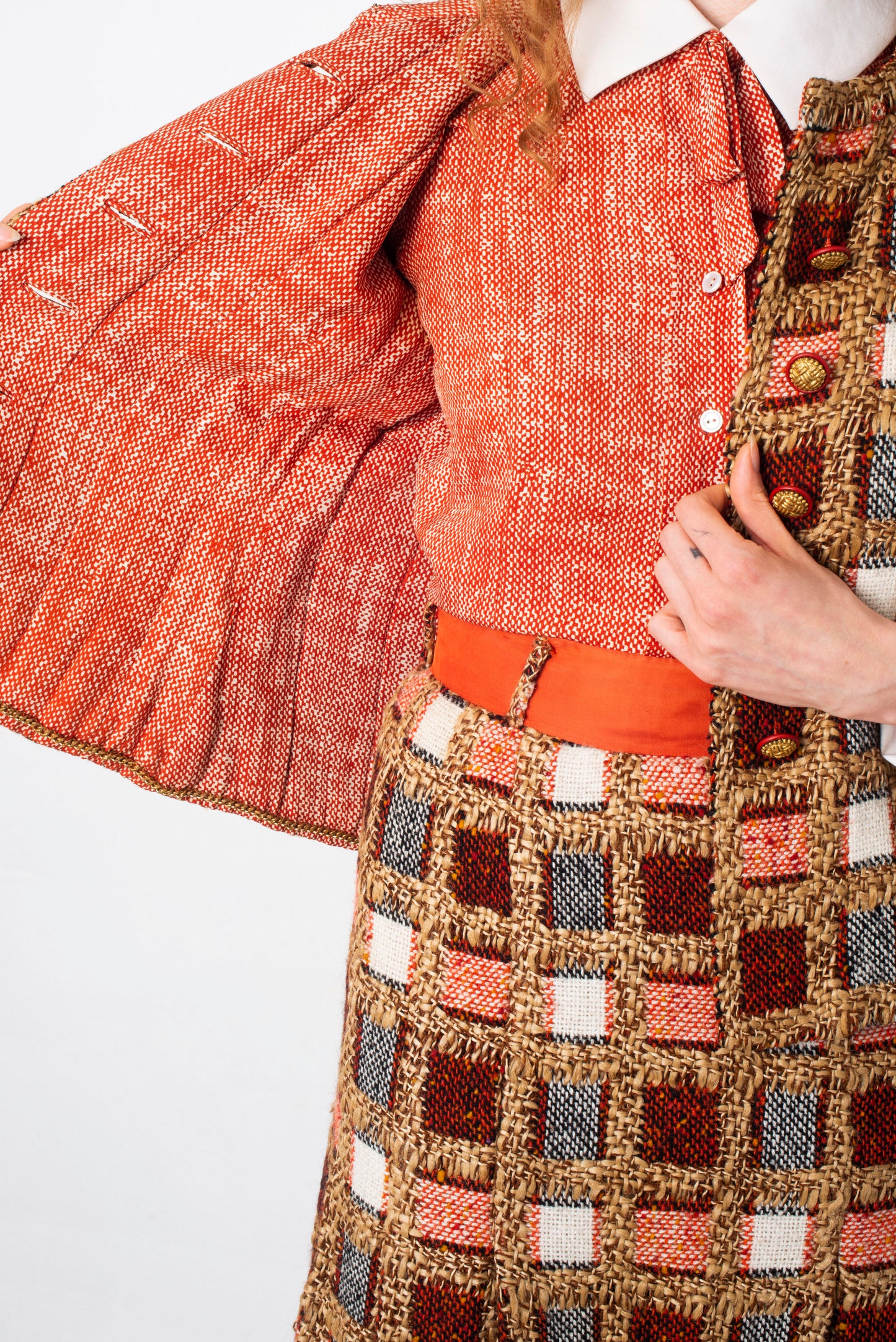 Chanel haute couture 1970's red tweed three piece skirt set