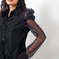 Gianfranco Ferre 2000's black shirt with sheer silk ruffled sleeves