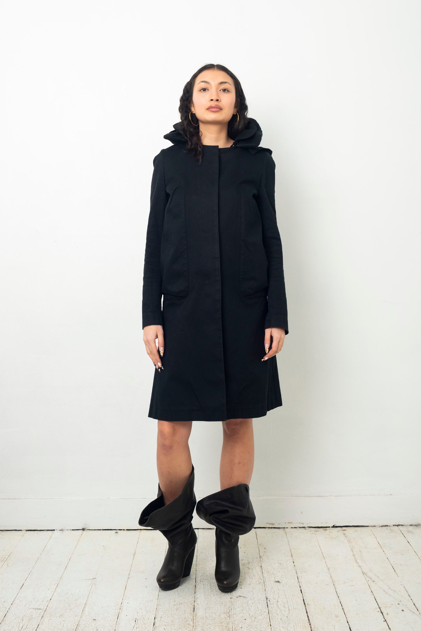 Helmut Lang SS 2000 black cotton parachute coat with removable collar