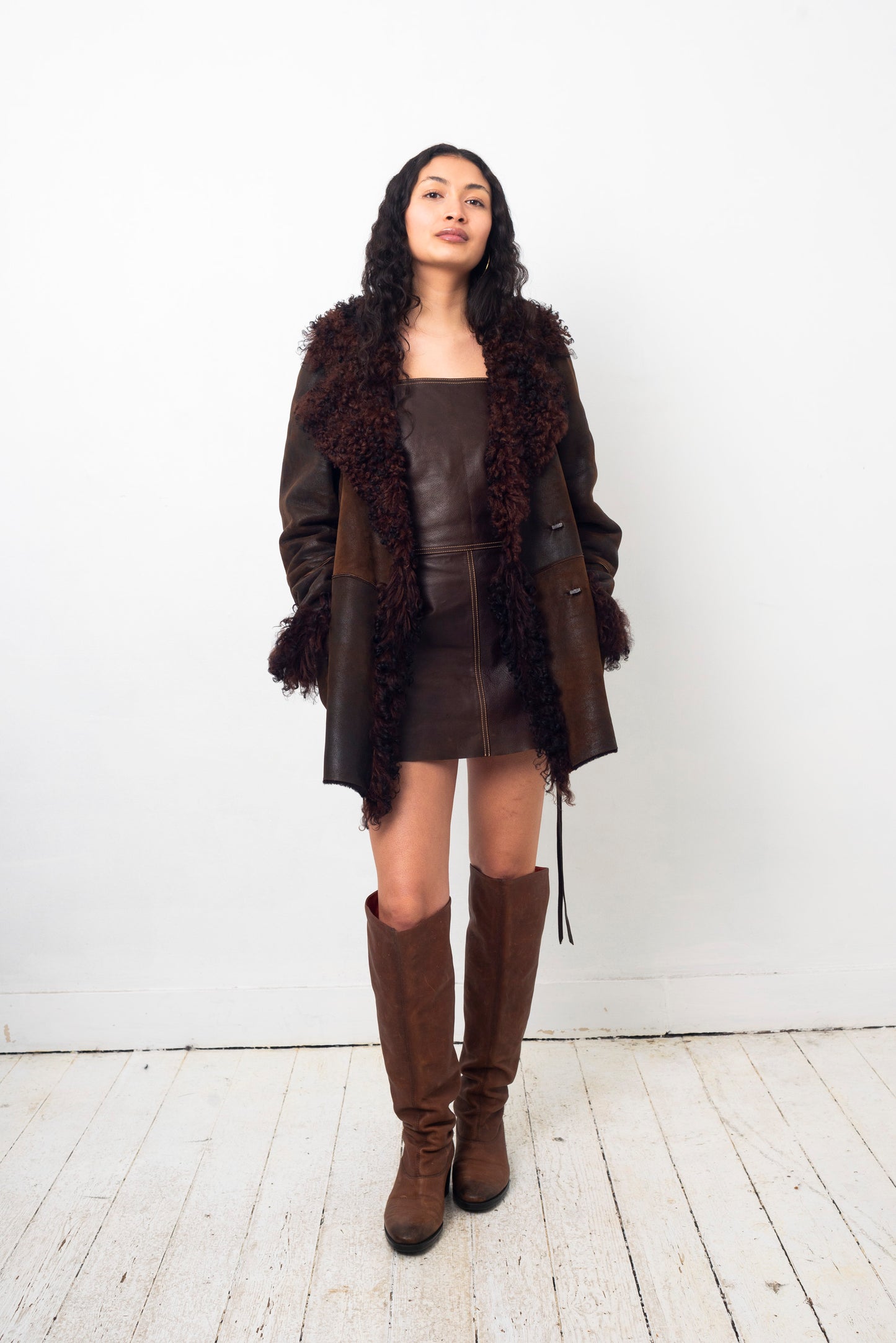 Sylvie Schimmel 90's brown shearling coat with mongolian sheep collar and cuffs