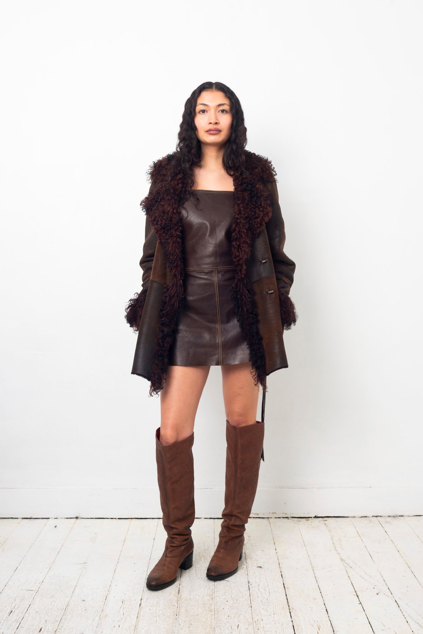 Sylvie Schimmel 90's brown shearling coat with mongolian sheep collar and cuffs