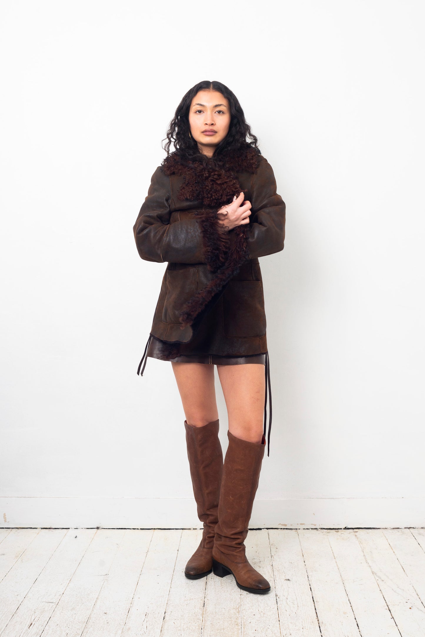 Sylvie Schimmel 90's brown shearling coat with mongolian sheep collar and cuffs