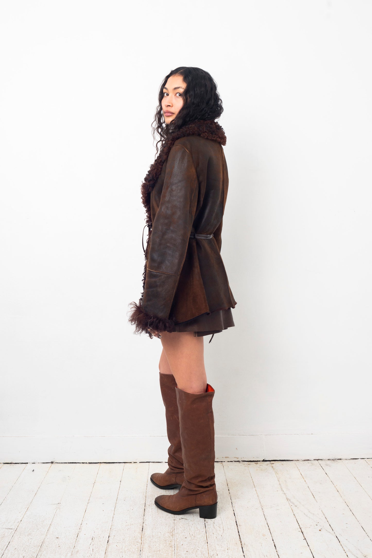 Sylvie Schimmel 90's brown shearling coat with mongolian sheep collar and cuffs