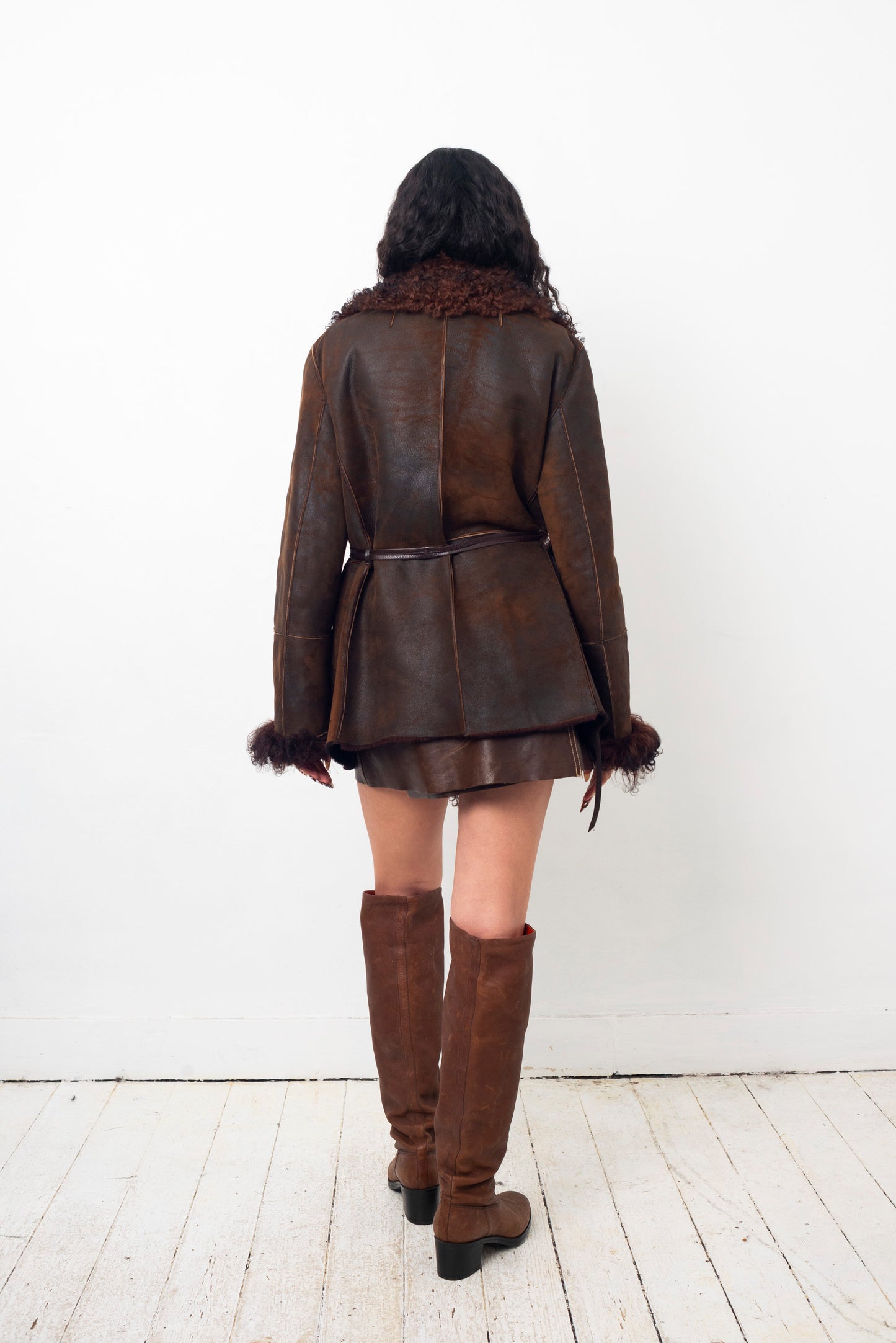 Sylvie Schimmel 90's brown shearling coat with mongolian sheep collar and cuffs