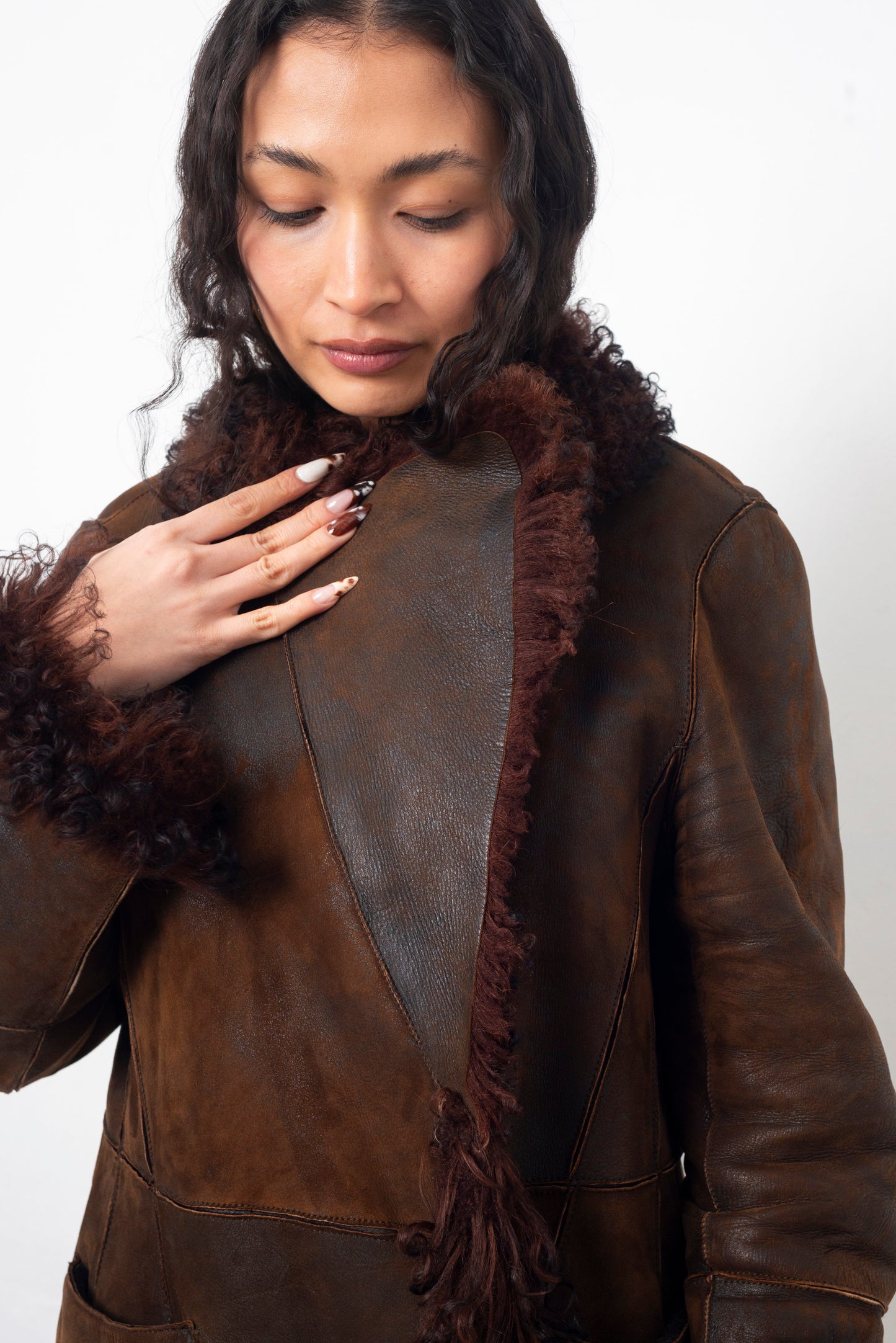 Sylvie Schimmel 90's brown shearling coat with mongolian sheep collar and cuffs