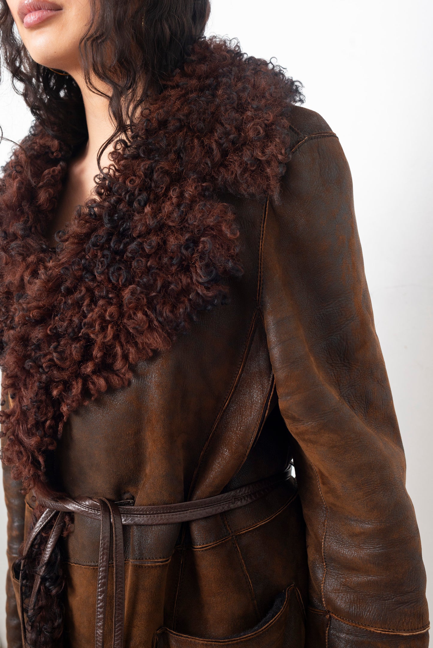 Sylvie Schimmel 90's brown shearling coat with mongolian sheep collar and cuffs