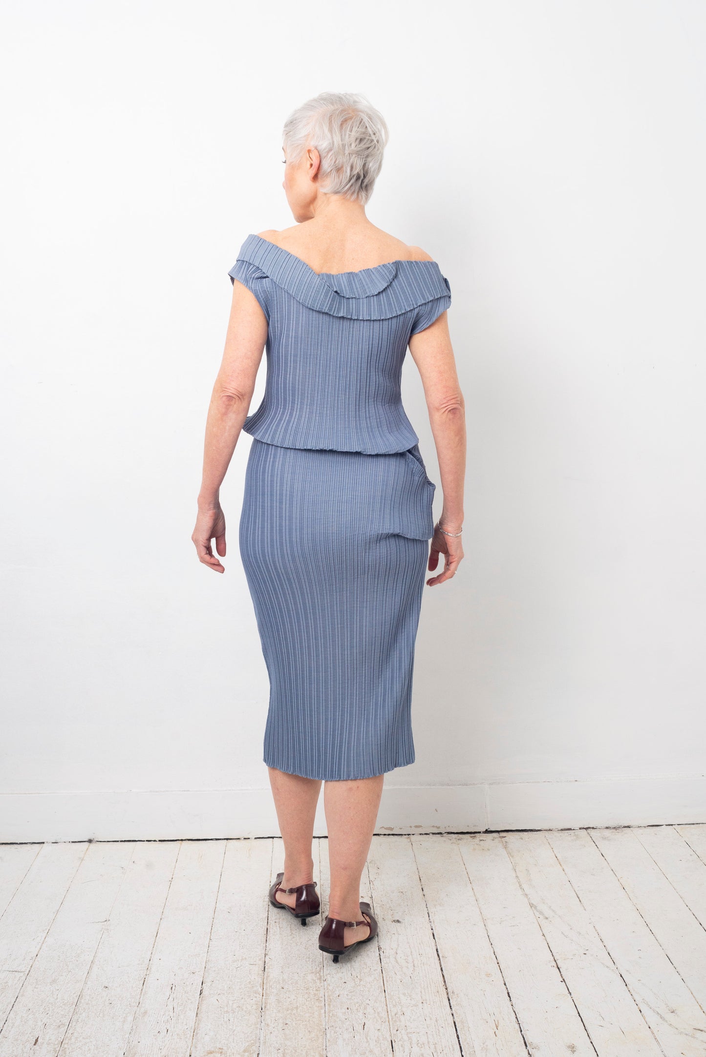 Belgian designer one-of-a-kind pleated baby blue midi dress