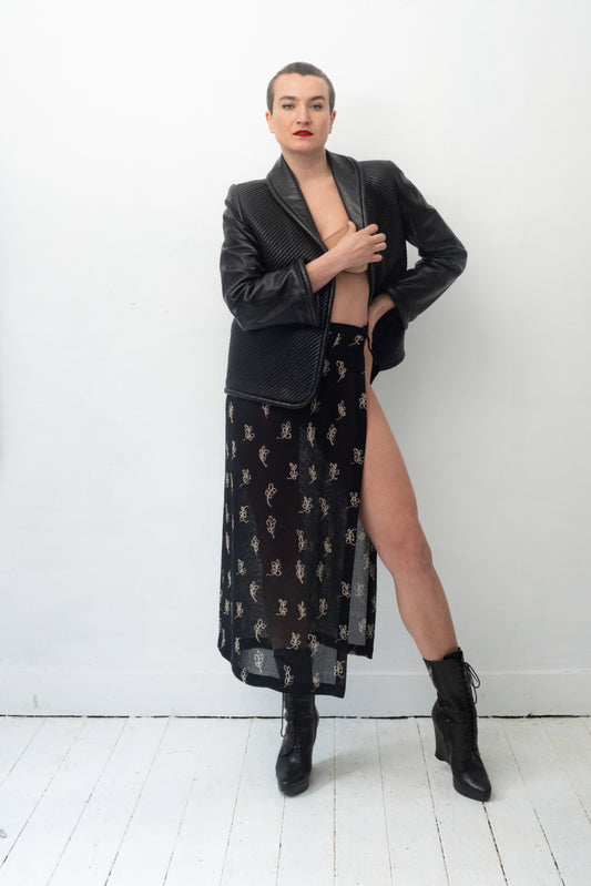 Krizia 90's black knit floral pattern super high slit skirt
