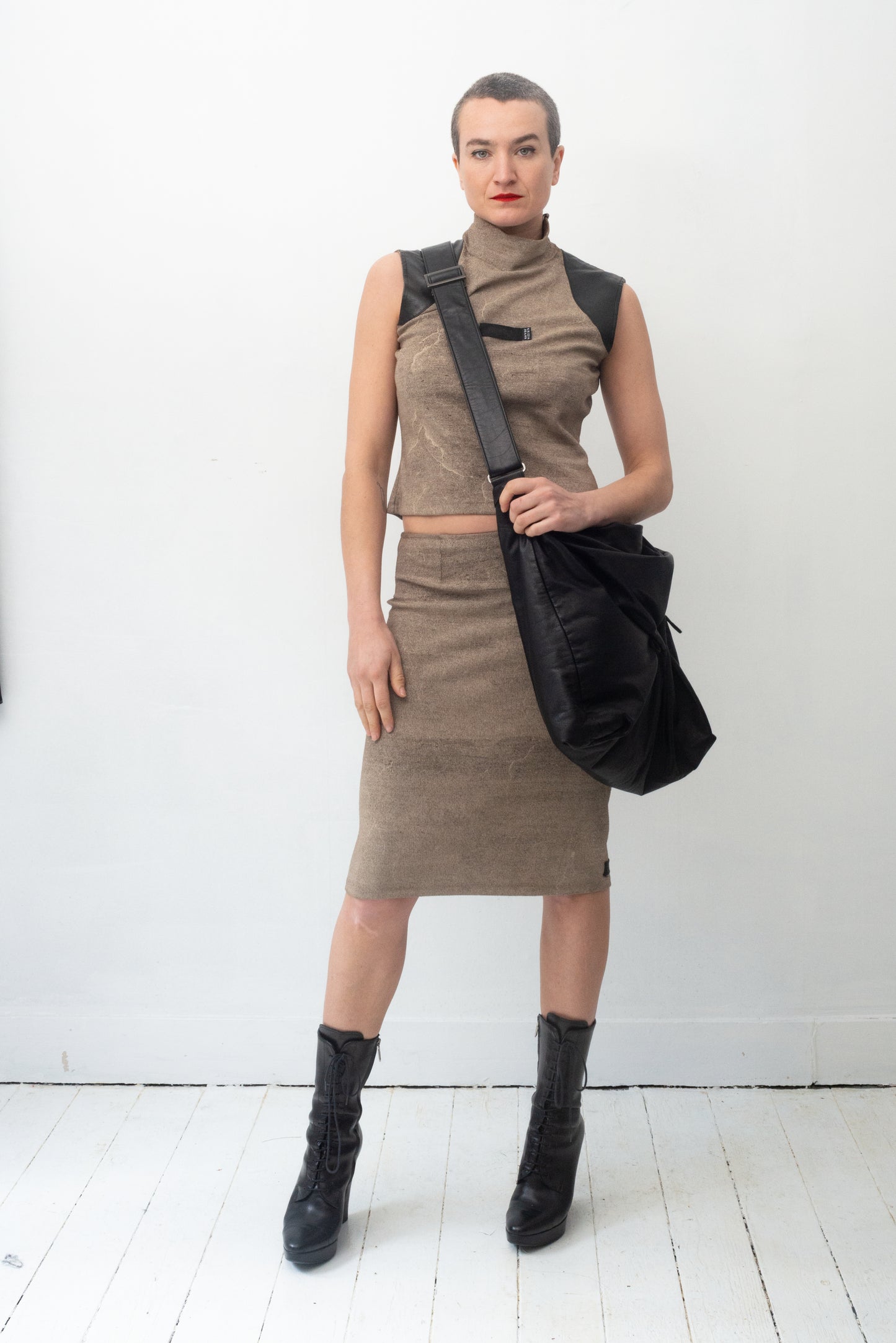 Krizia 90's stretchy skirt set with faux leather