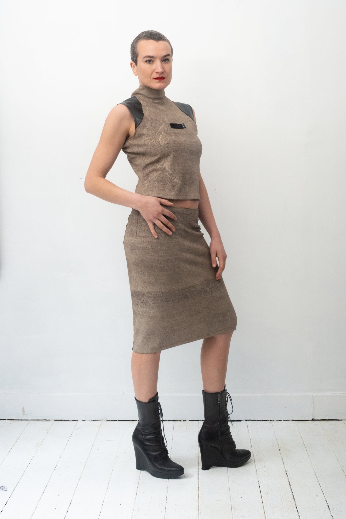 Krizia 90's stretchy skirt set with faux leather