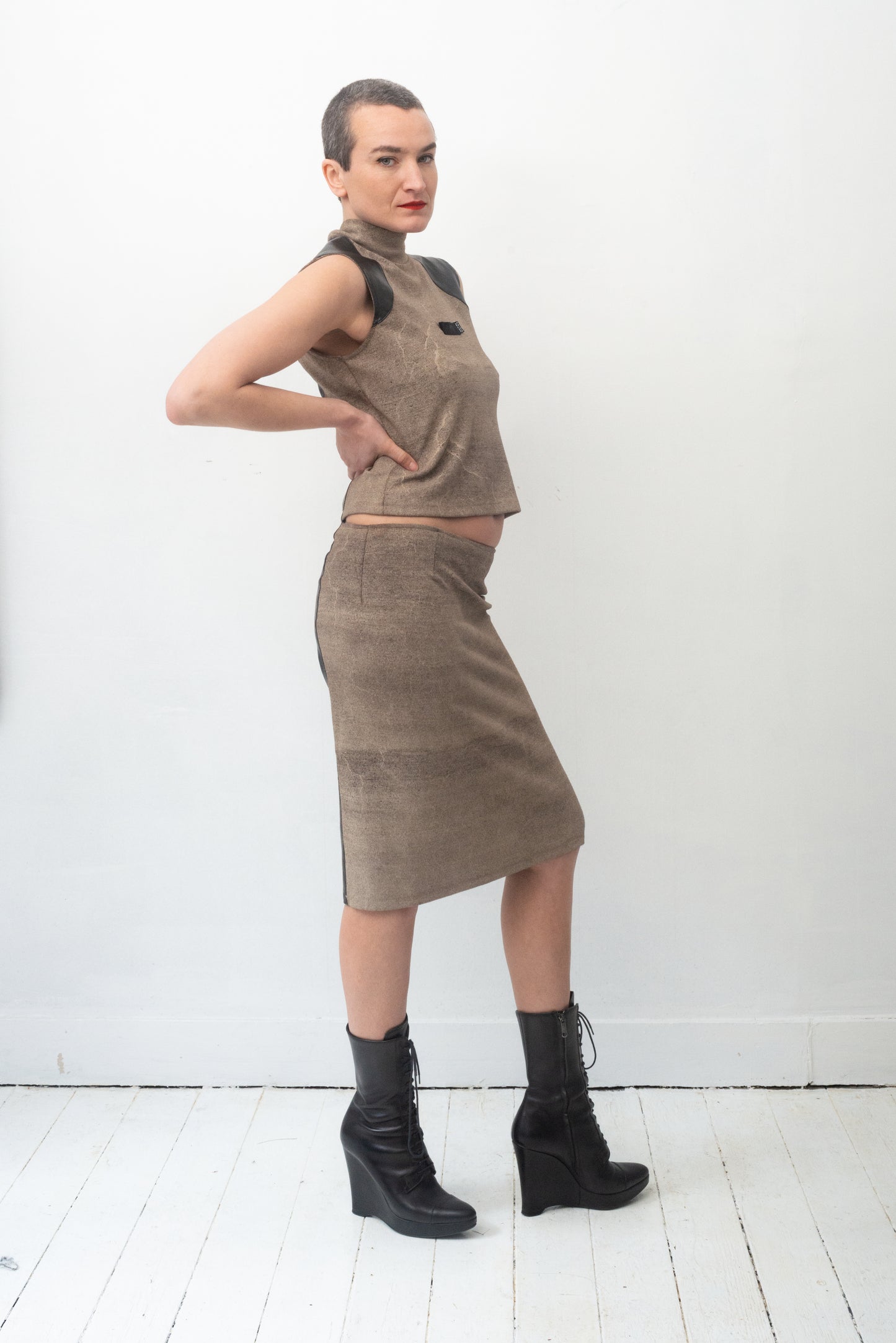 Krizia 90's stretchy skirt set with faux leather