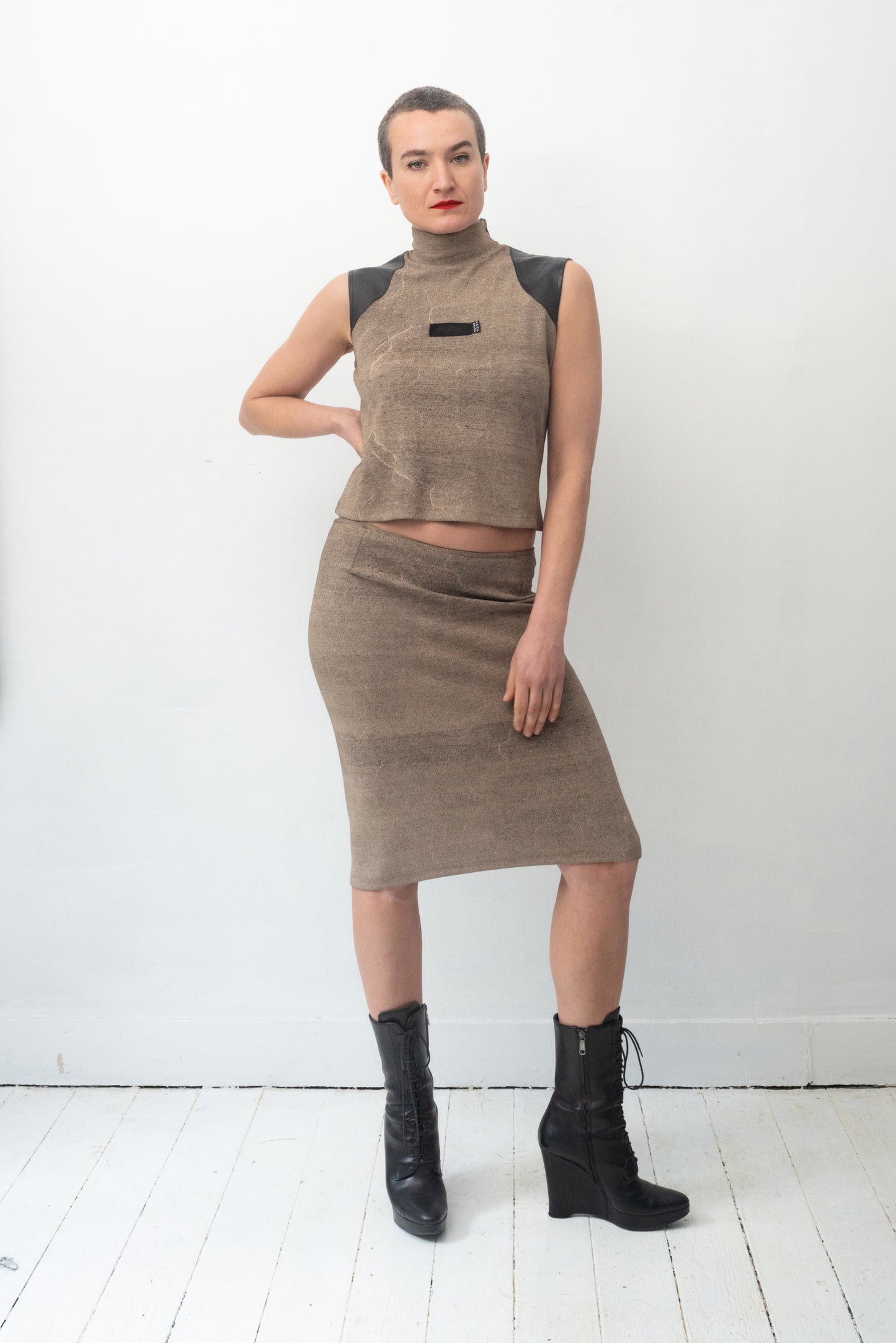 Krizia 90's stretchy skirt set with faux leather