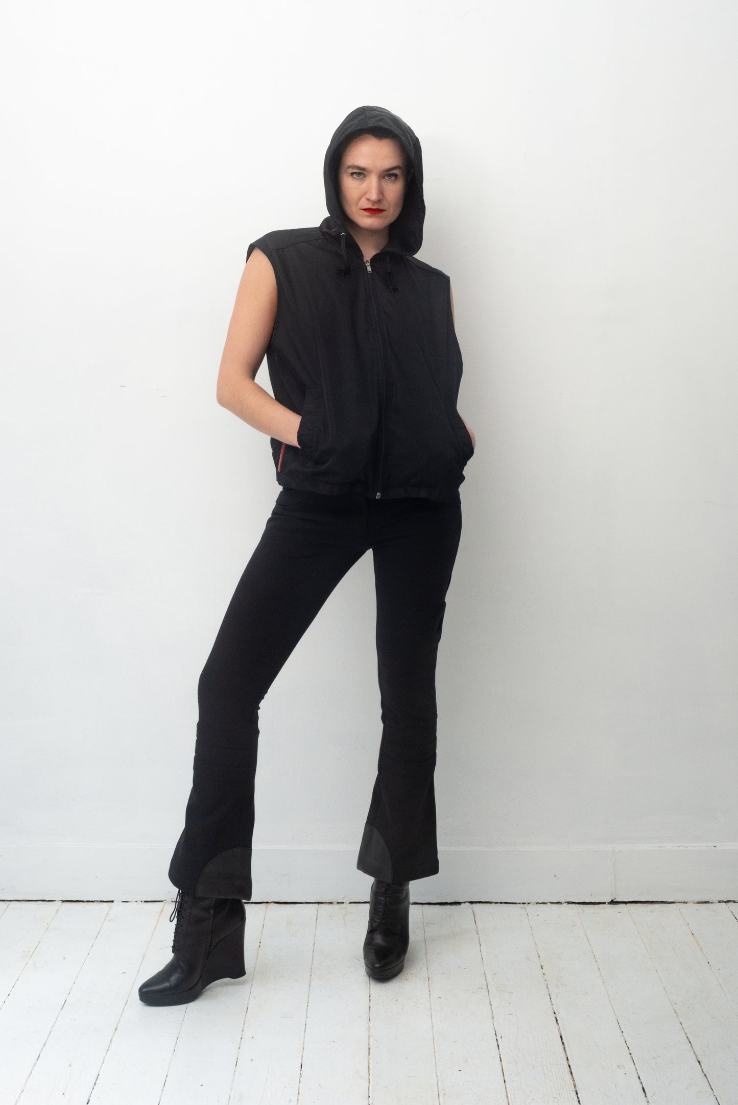 Prada 2000's black hooded sleeveless nylon jacket