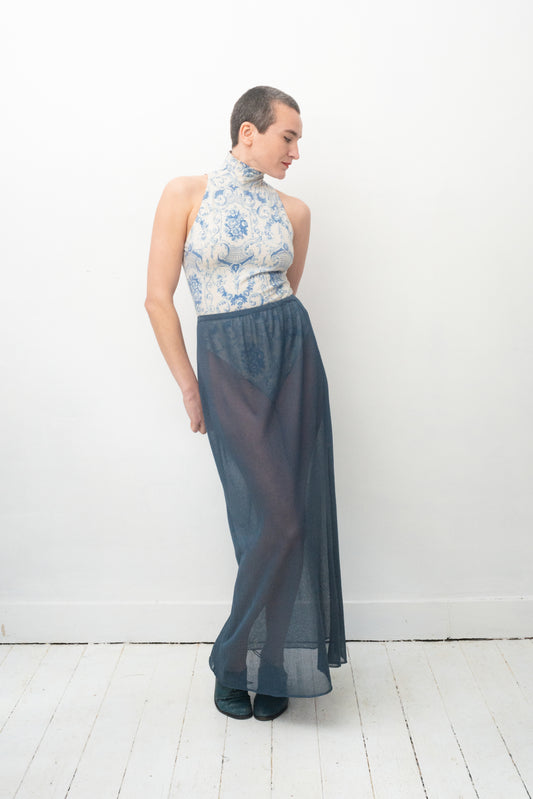 Anna Sui 2000's glittery blue transparent knit maxi skirt