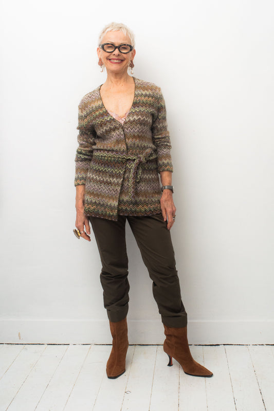 Missoni 90's knit green and purple zigzag wrap cardigan with belt
