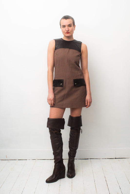Miu Miu 2010's sixties inspired brown mini dress with leather details