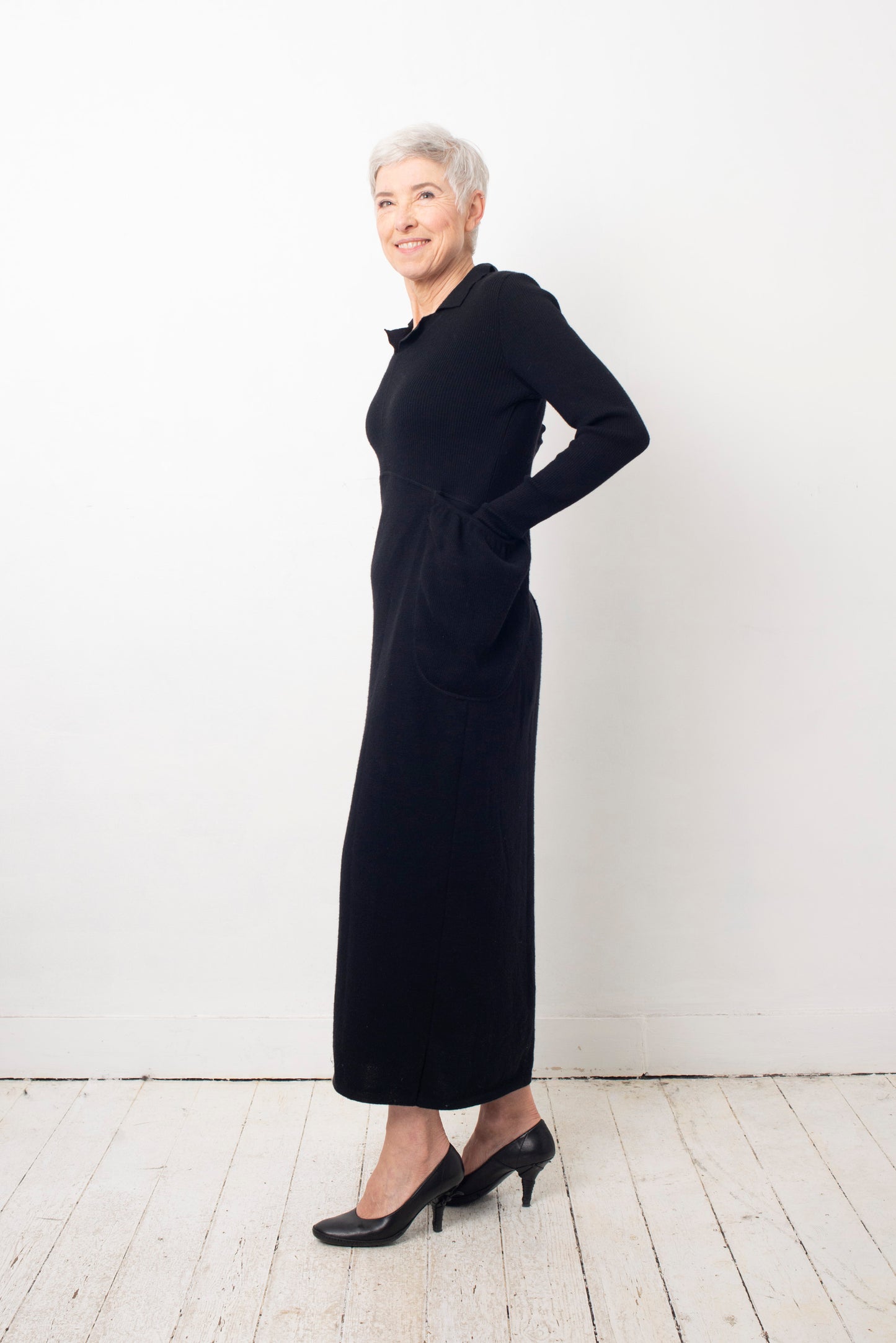 Helena van Haeren 2000's black ribbed wool maxi dress with large pocket detail