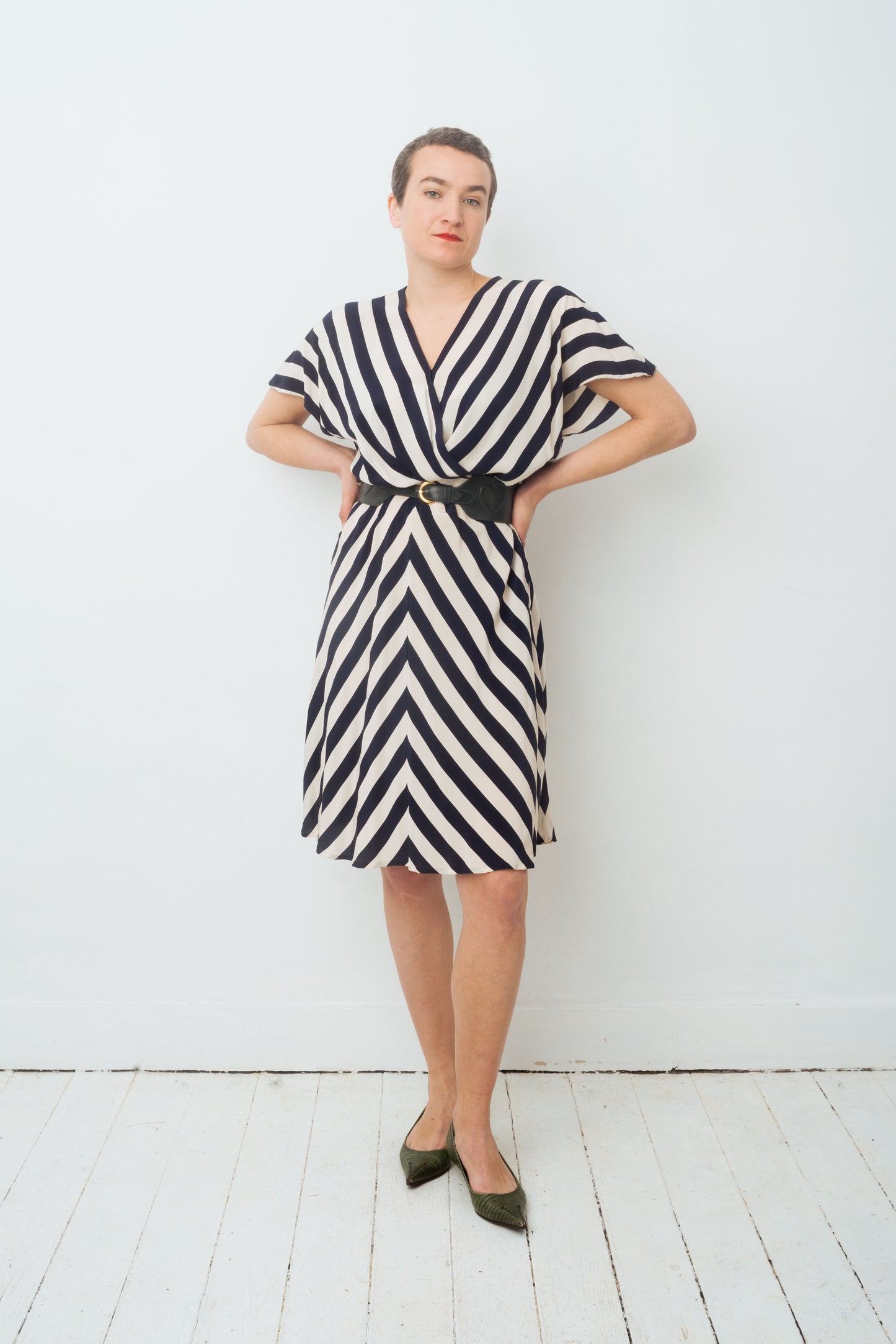 Krizia 80's silk diagonally striped navy and white summer dress