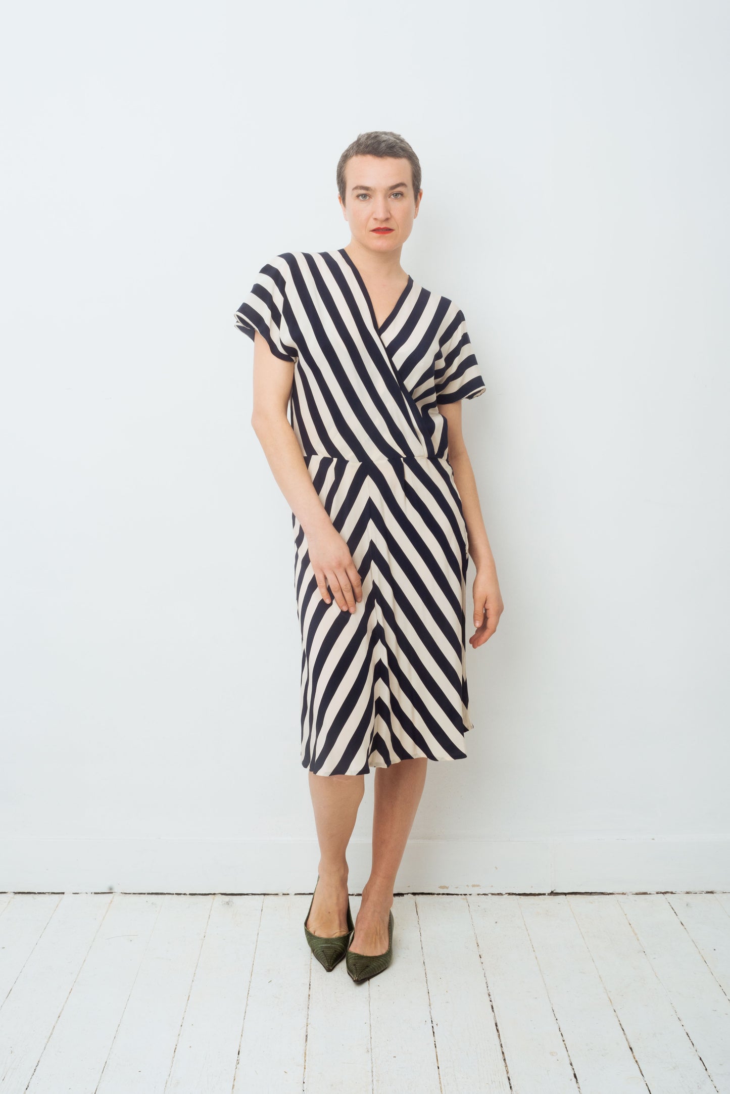 Krizia 80's silk diagonally striped navy and white summer dress