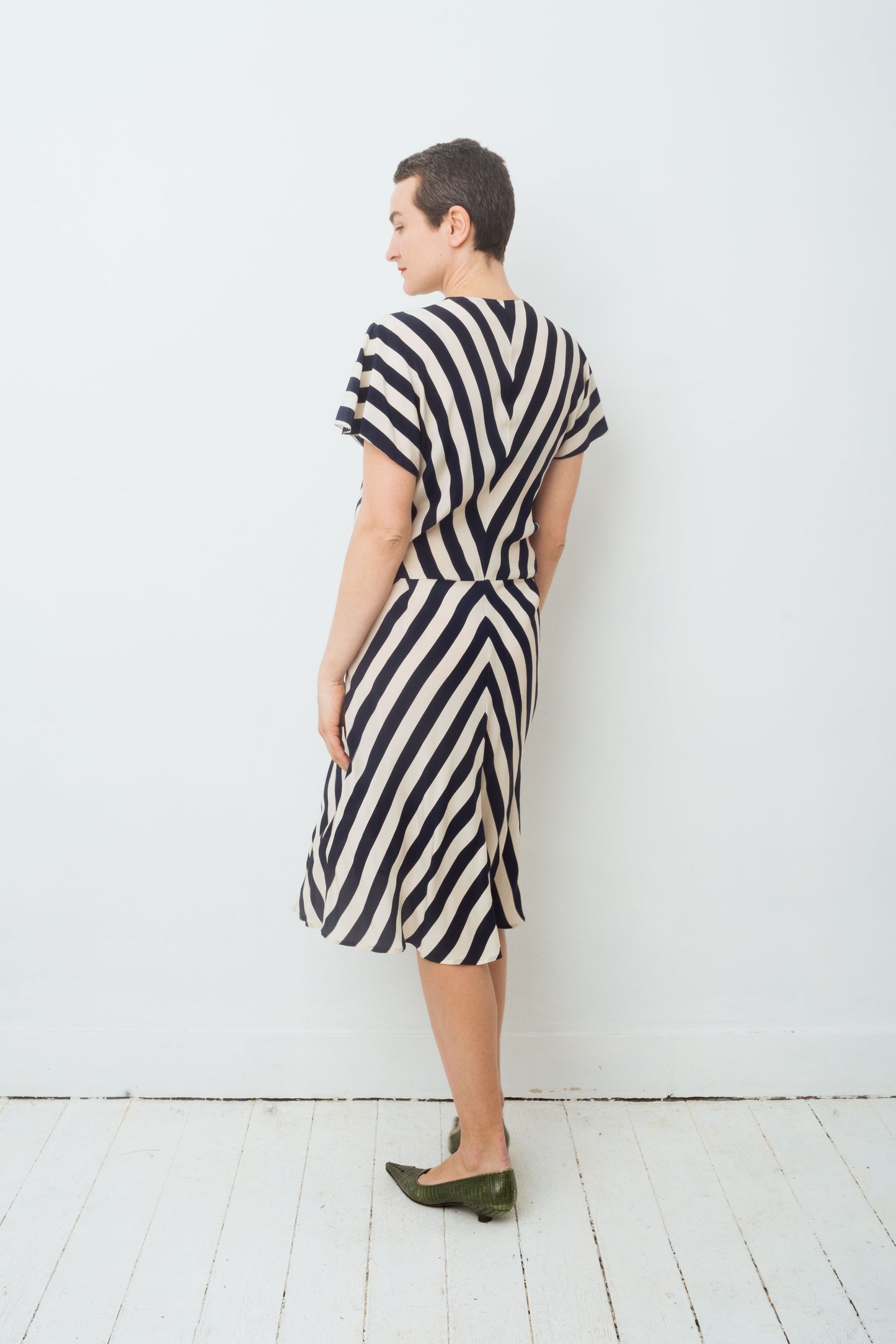 Krizia 80's silk diagonally striped navy and white summer dress