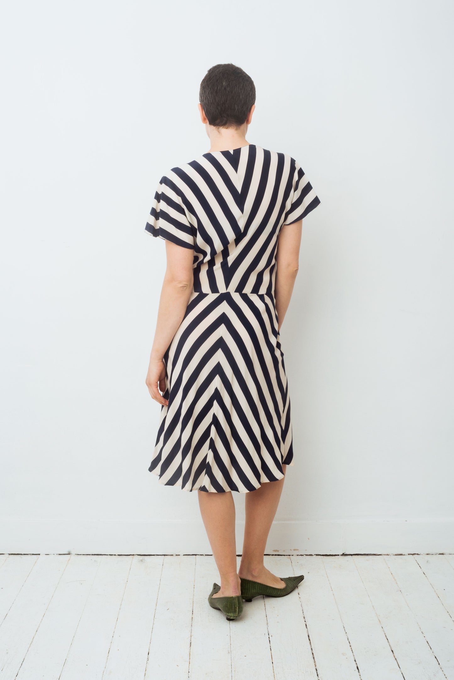 Krizia 80's silk diagonally striped navy and white summer dress