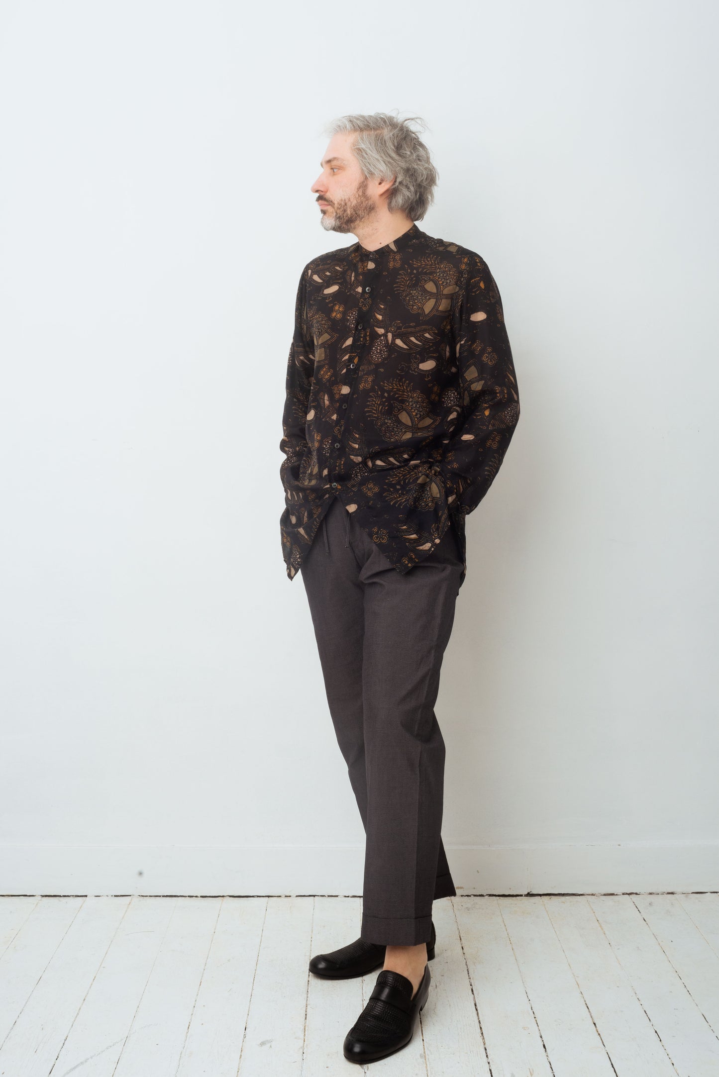 Dries van Noten FW 2015 silk floral printed khaki shirt