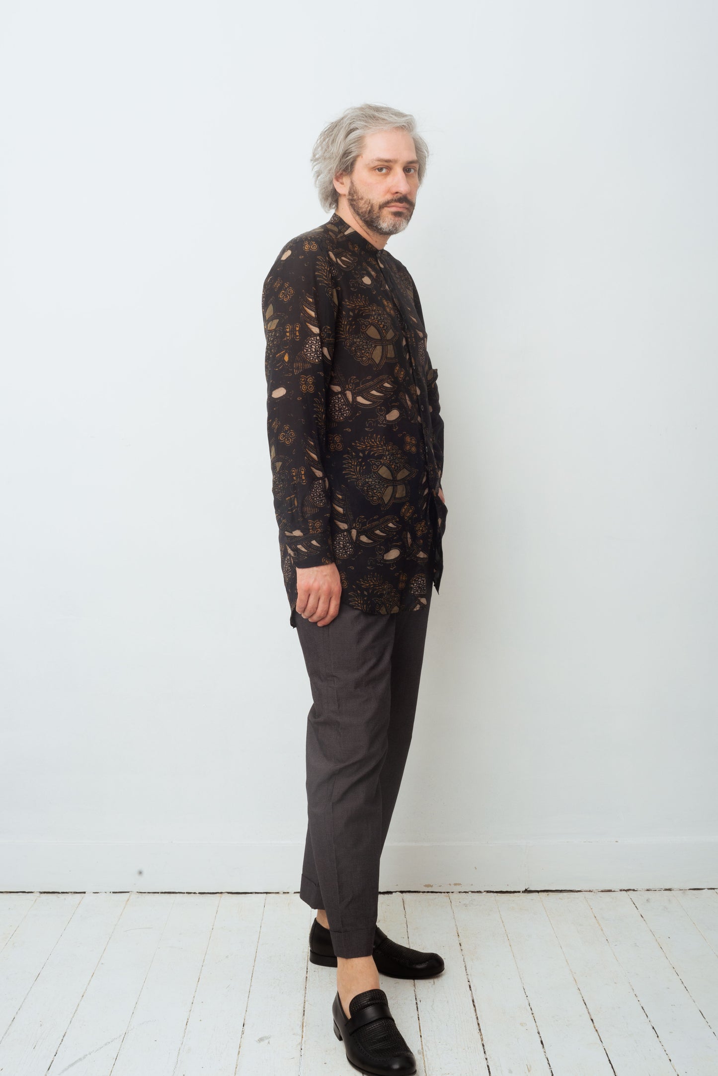 Dries van Noten FW 2015 silk floral printed khaki shirt