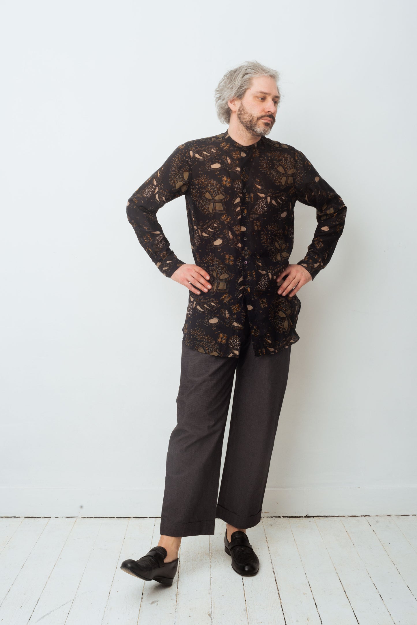 Dries van Noten FW 2015 silk floral printed khaki shirt