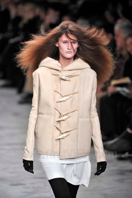 Rick Owens Fall 2013 ivory shearling jacket with hood and buffalo bone buttons